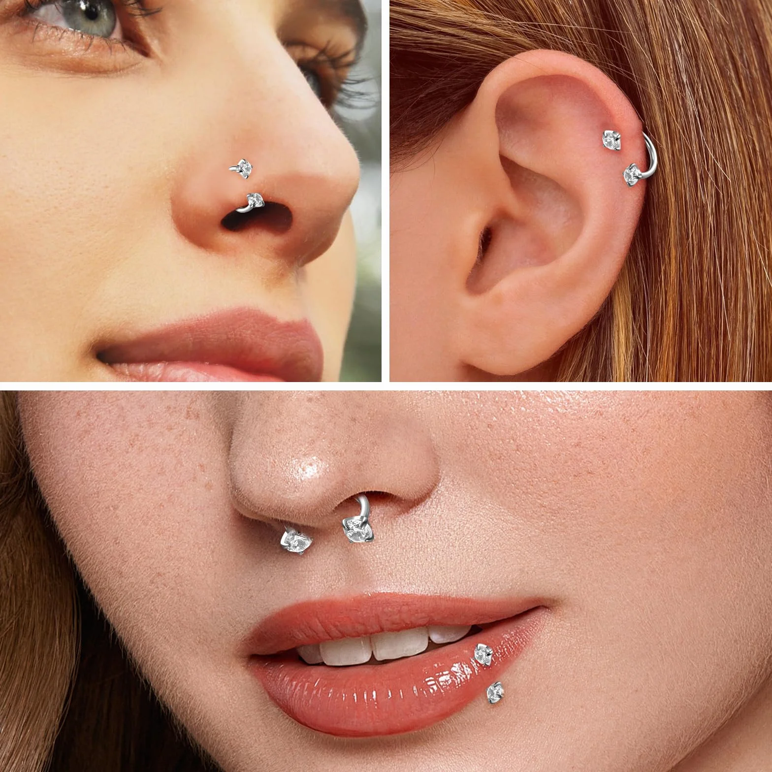 18 g kolczyk do nosa w kształcie podkowy, zestaw kolczyków do nosa, septum, 6 mm/7 mm/8 mm, tytanowy kolczyk do nosa, srebrny, z narzędziem chwytającym i igłą do piercingu z tyłu, helix