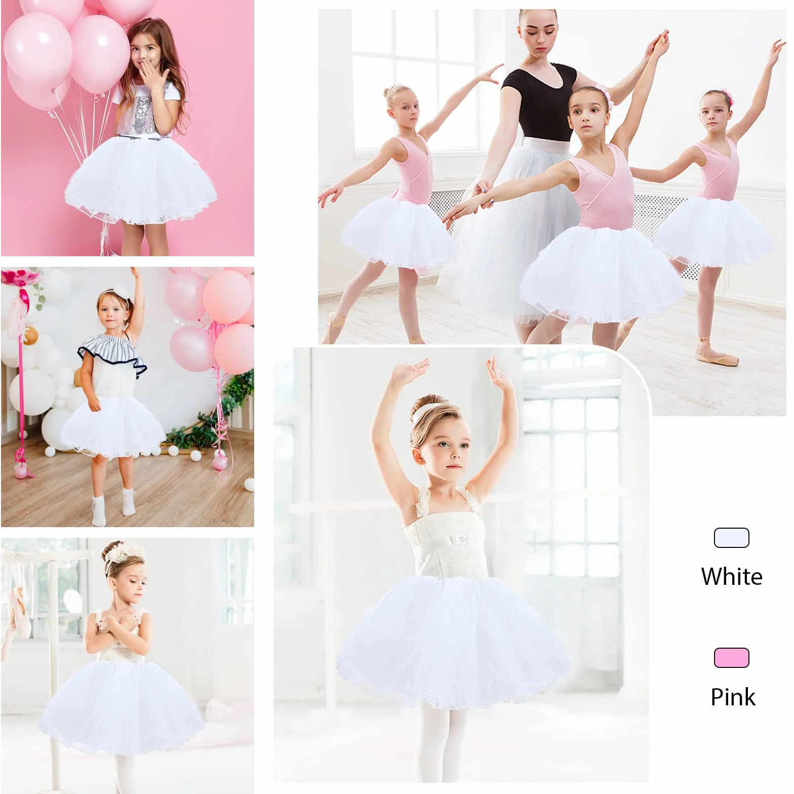 WLLHYF Dziewczęca spódnica tutu, 4 warstwy, tiulowa, tutu, elastyczna, puszysta, do tańca baletowego, dla małych dzieci, dzieci, na imprezę bożonarodzeniową (biała), biały, Einheitsgröße