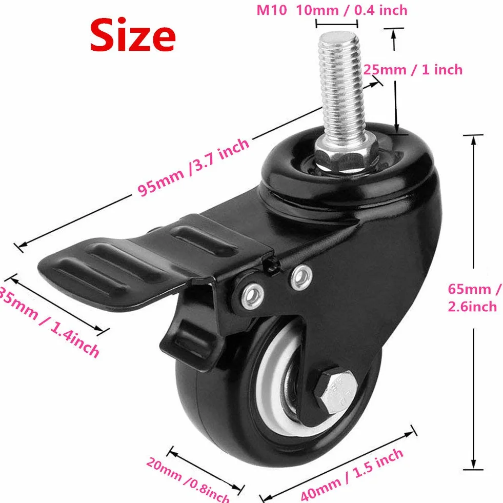 Youngine Blokujący gwintowany uchwyt trzpienia 3,8 cm, obrotowe kółko poliuretanowe i hamulec do wózka, wózków, mebli, lalek, stołu warsztatowego (M10 x 25 mm)