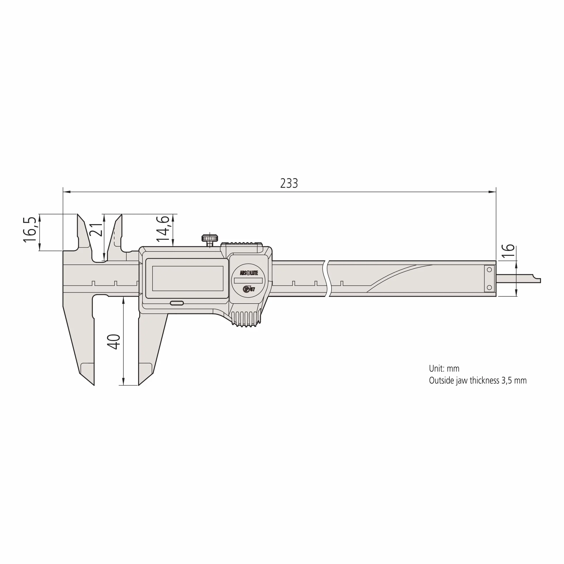 Mitutoyo 500-706-20 suwmiarka cyfrowa lub wyjście danych/rolka napędowa, stopień ochrony: IP67, zakres pomiarowy 0-150 mm