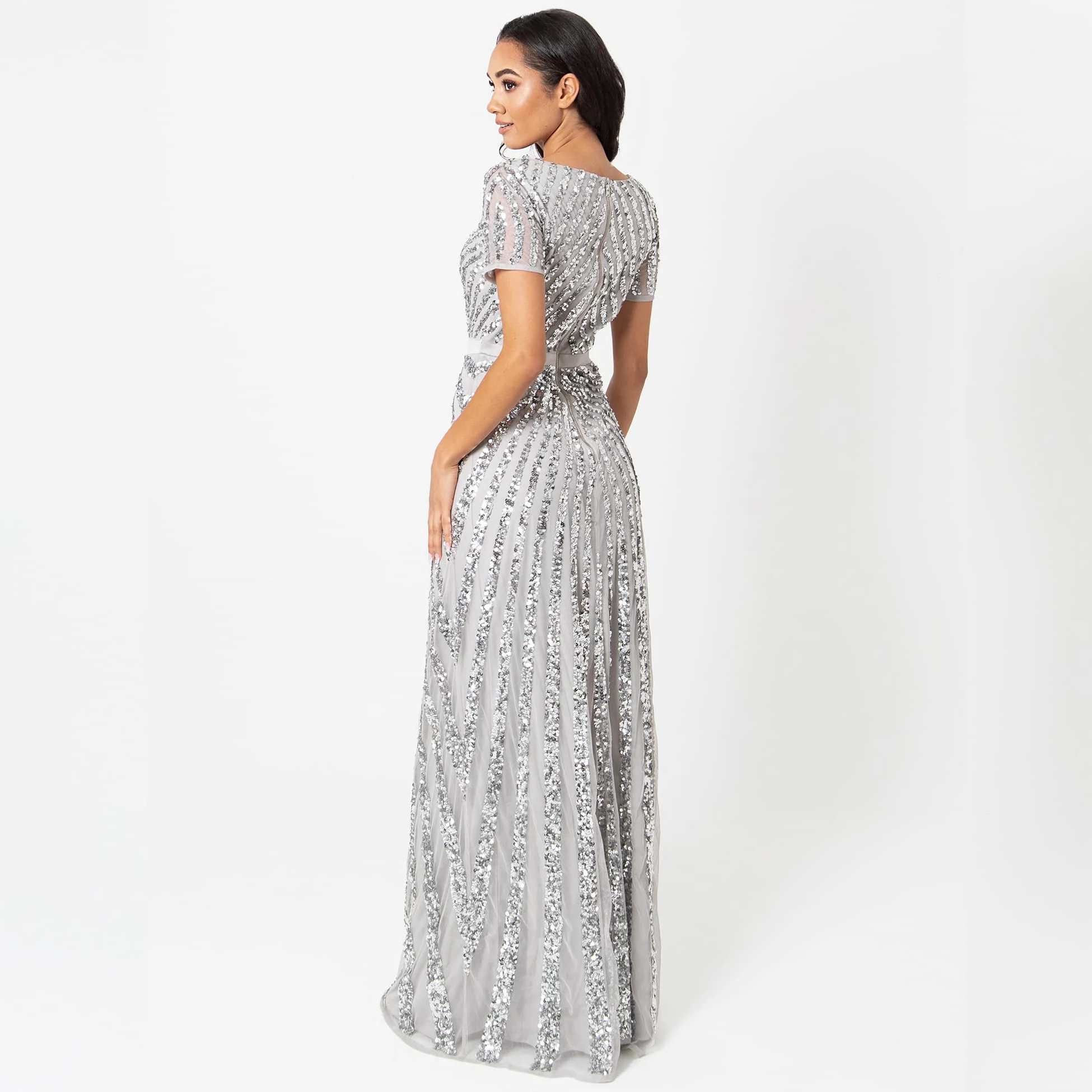 Maya Deluxe Damska sukienka maxi, damska, z wyszywanymi cekinami, z długim rękawem, dekolt w serek, wysoka talia, krój A, błyszcząca, na studniówkę, wesele, dla druhny, szary, 48