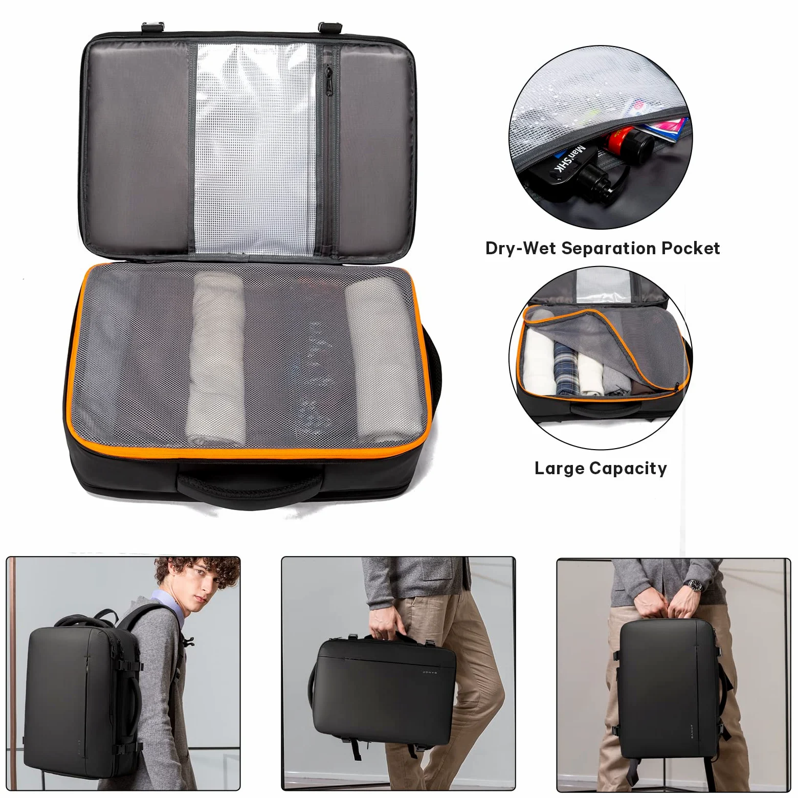 BANGE Plecak podróżny, bagaż podręczny, wytrzymały plecak Convertible Duffle Bag Fit na laptopa o przekątnej ekranu 17,3", dla mężczyzn i kobiet, czarny-M, L, Biznes