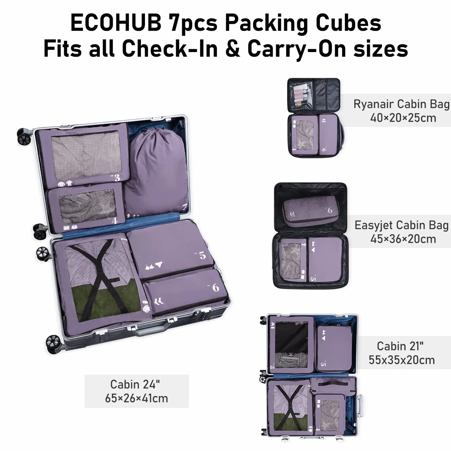ECOHUB Kostki do pakowania do walizki 7 PCS Organizatory podróży Torby do pakowania Akcesoria podróżne Torby na buty dla podróżnych Torba do przechowywania Torby organizacyjne(Fioletowy)