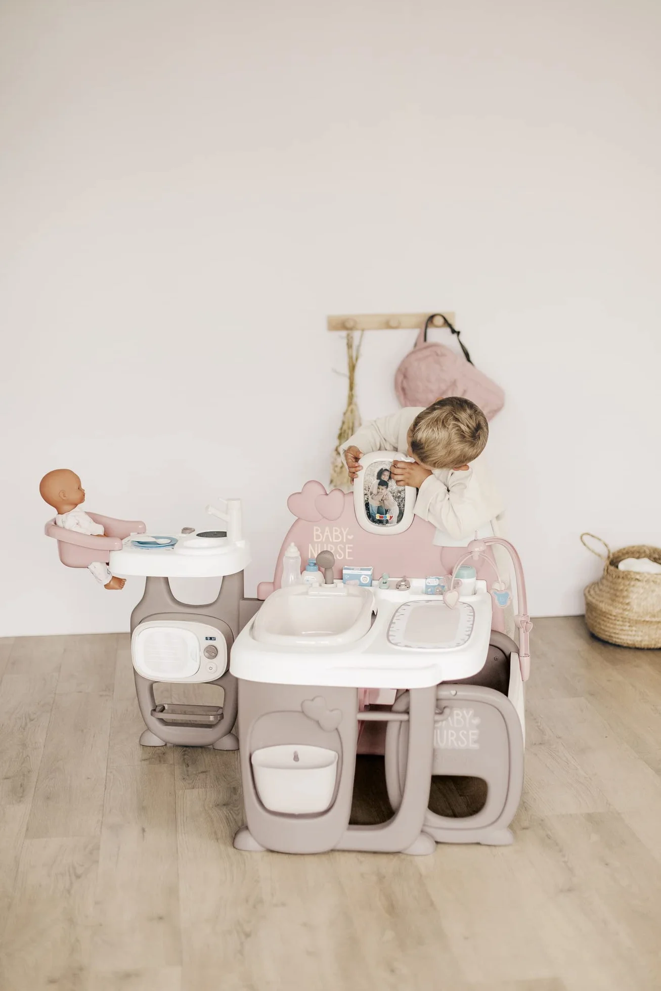 Smoby 7600220376 Baby Nurse Kącik opiekunki 3w1, wielofunkcyjny domek dla lalek, kuchnia, łazienka, sypialnia, 149,1x71x71 cm