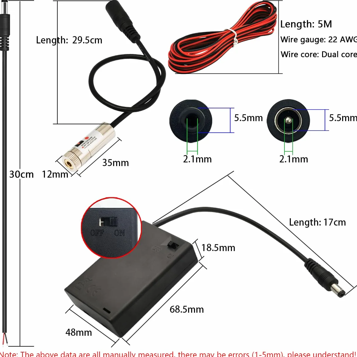 CTRICALVER Kit de módulo láser de foco ajustable, Diodo de módulo láser industrial de 405 nm, 3-5V, Conector DC de 2,1 mm + Kit de fuente de alimentación (Forma de la fuente de luz: Punto morado)
