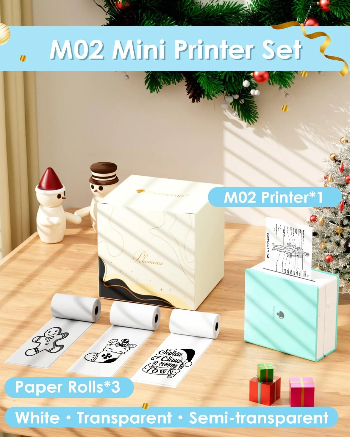Phomemo M02 Mini drukarka do smartfonów, 3 rolki papieru, drukarka termiczna Bluetooth, drukarka etykiet, kompatybilna z iOS i Android, do prezentów, zdjęć, scrapbookingu, etykiet, zielona