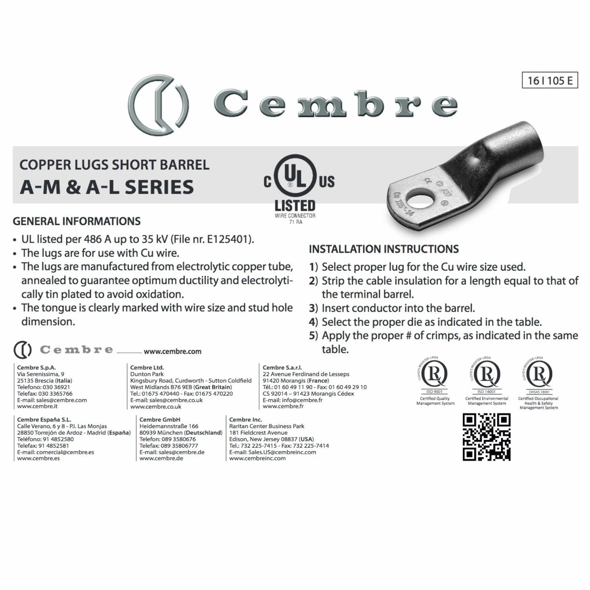 10 sztuk Cembre A5-M10 końcówka kablowa 25 mm² M10 nieizolowana z miedzi ocynkowana