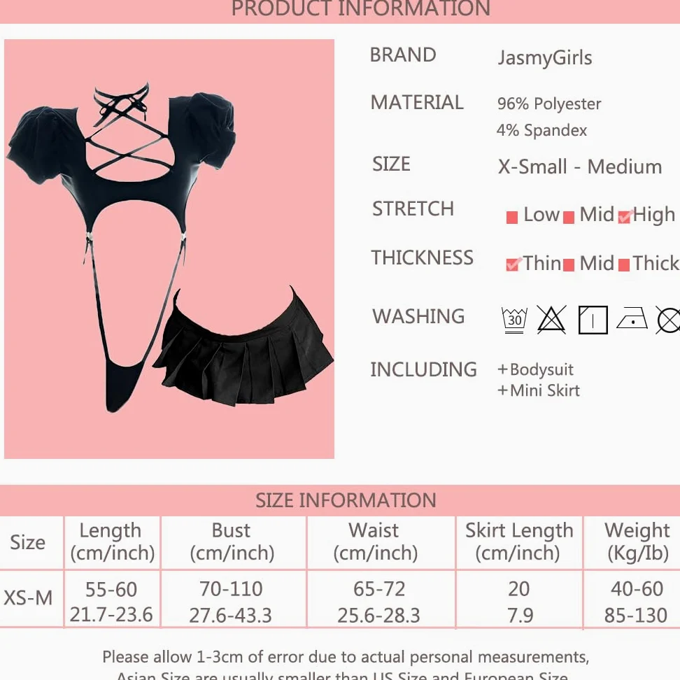 JasmyGirls Bielizna cosplay kostium anime seksowne wycięcie body urocza mini spódniczka kawaii top bielizna japoński strój kąpielowy czarny