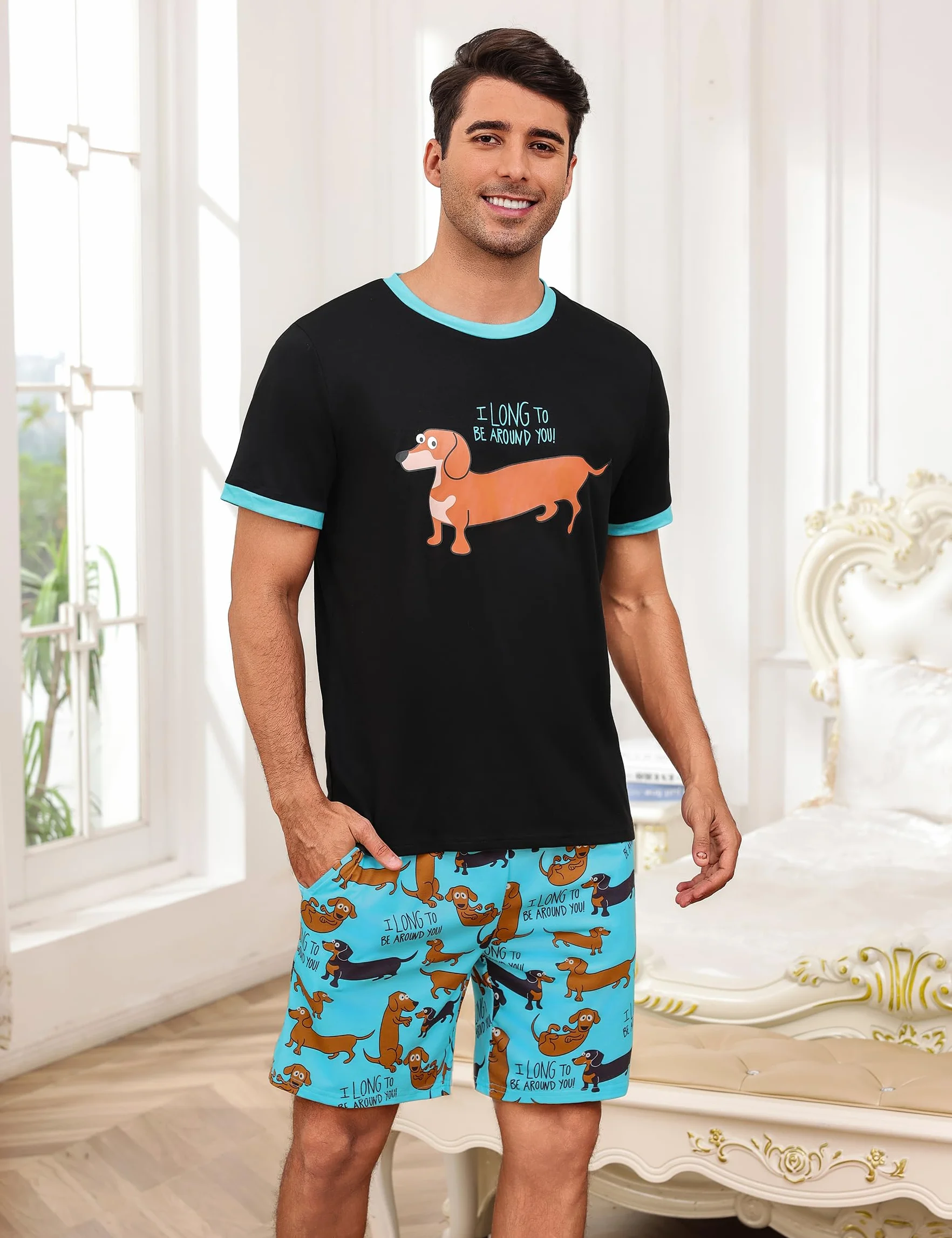 Demegimi Męska piżama bawełniana krótka zabawny pies duckelhund t-shirt spodnie piżamowe