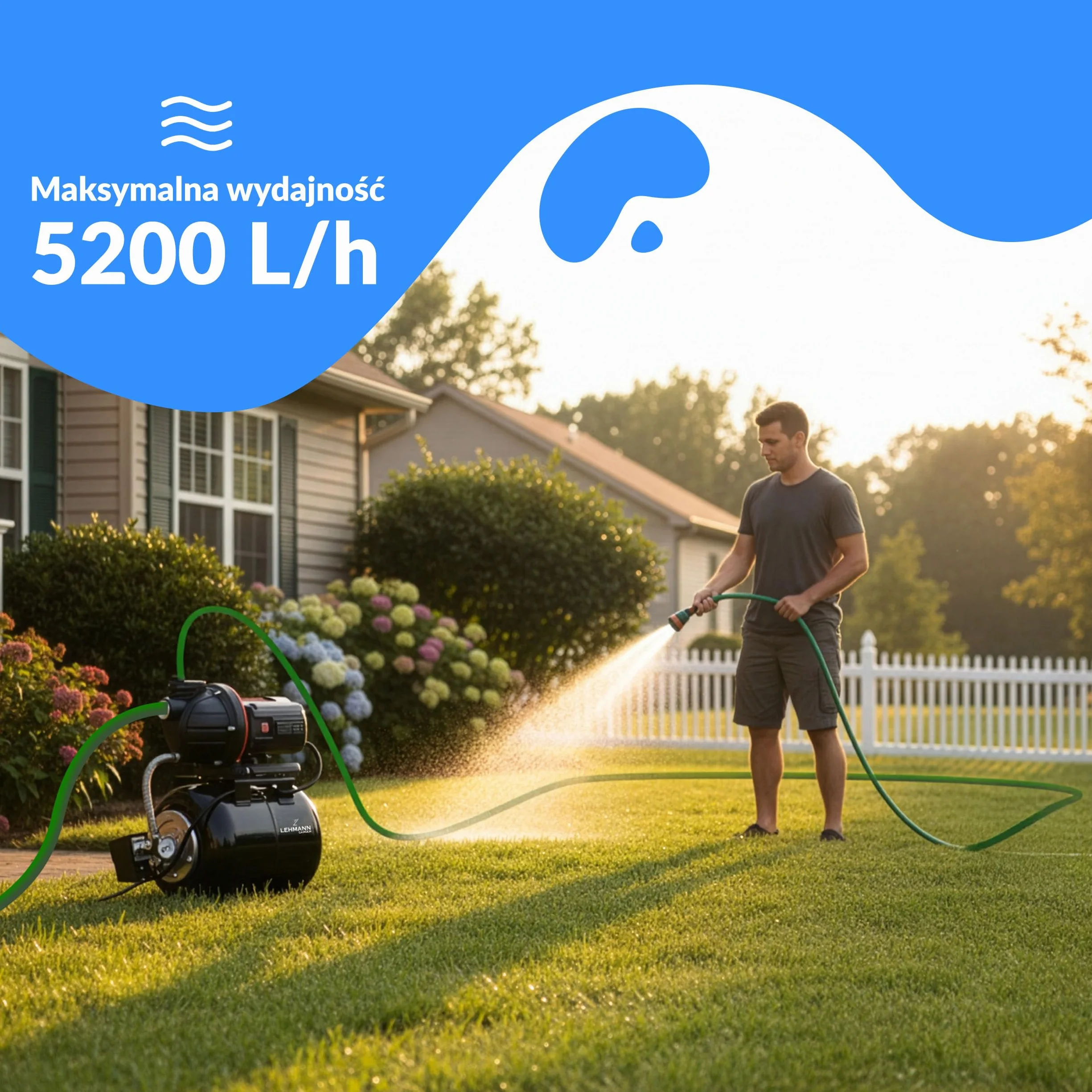 LEHMANN Hydrofor domowy HP1, 800 W, 5200 l/h, zbiornik ciśnieniowy ze stali nierdzewnej 19 l, wysokość tłoczenia 43 m, silnik bezobsługowy, samozasysający, zabezpieczenie przed pracą na sucho