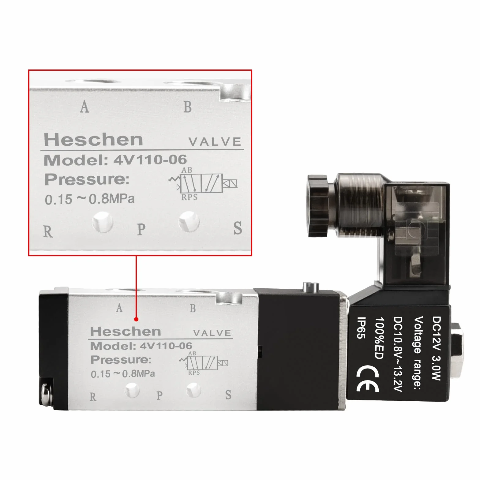 Heschen Elektryczny pneumatyczny zawór elektromagnetyczny 4V110-06 24VDC PT1/8 5-drożny 2-pozycyjny pojedynczy cewka sterowany pilotem elektryczny CE ze złączkami i tłumikiem (24 V DC)