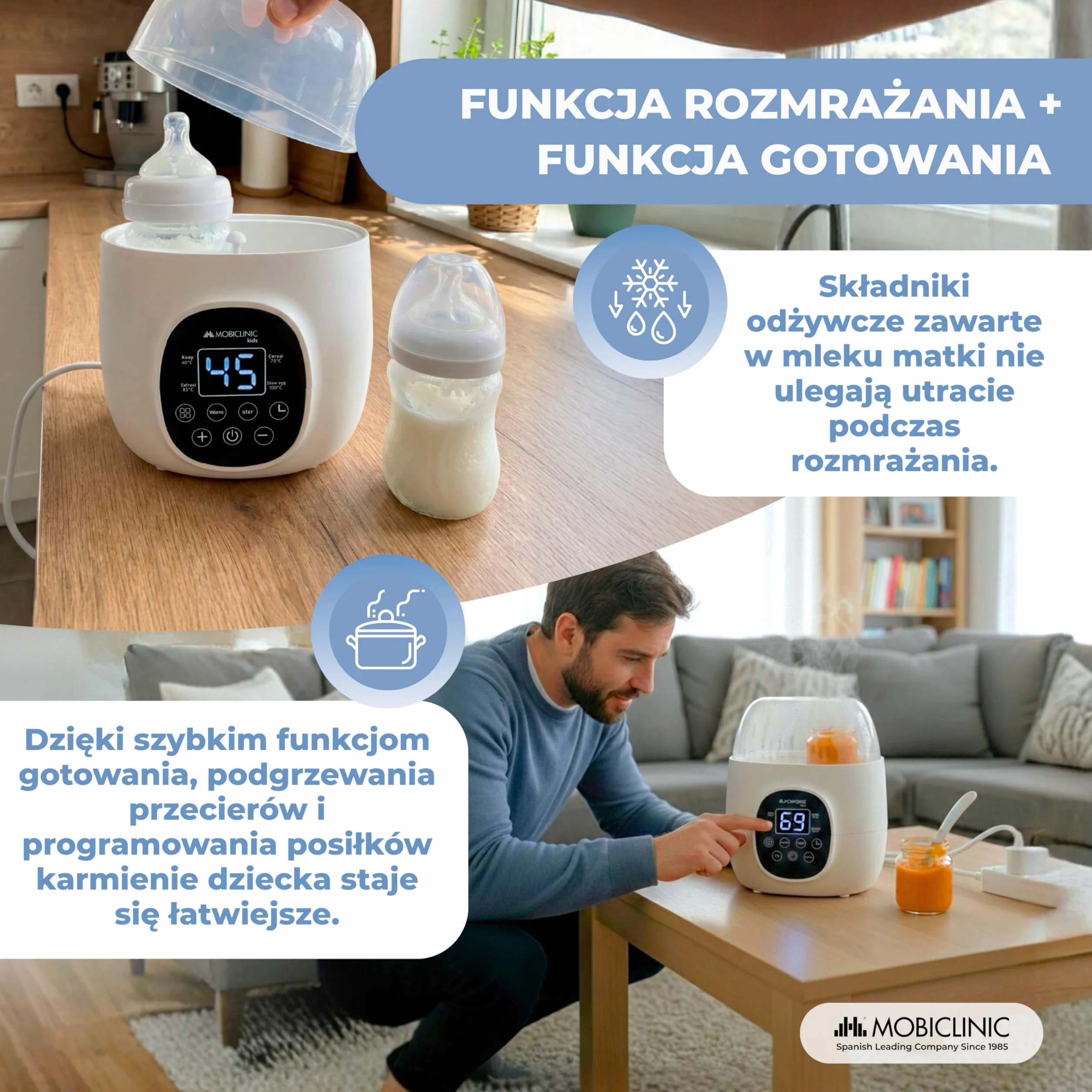 Mobiclinic®, Podgrzewacz i Sterylizator do Butelek, 6 w 1, Podwójna Pojemność, Rozmrażanie, Programowalny, Utrzymuje Temperaturę, Szybkie Nagrzewanie, Ekran LCD, Kompaktowy, Przenośny, Bibidu