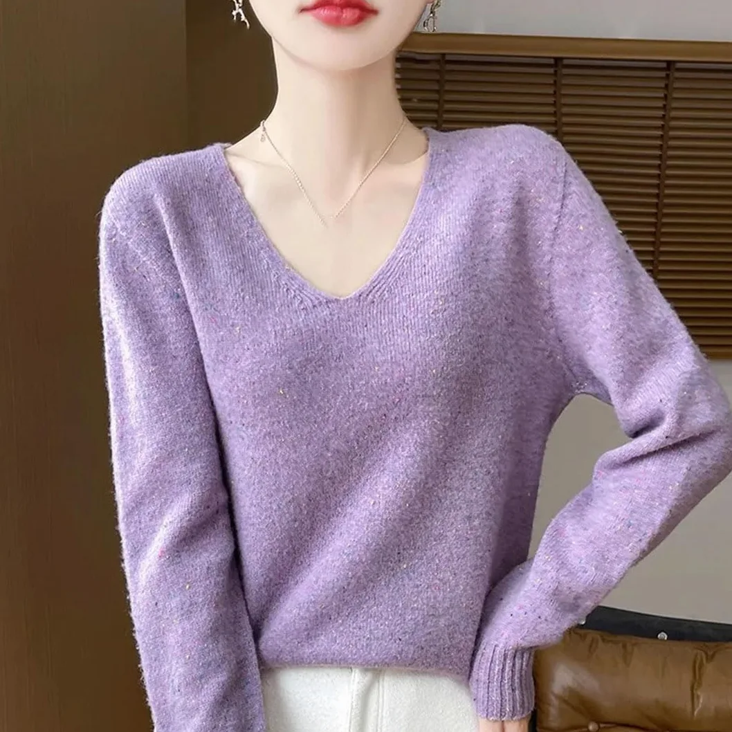 Damski kaszmirowy sweter z dekoltem w serek koreański sweter oversize swetry na co dzień luźne dzianinowe topy