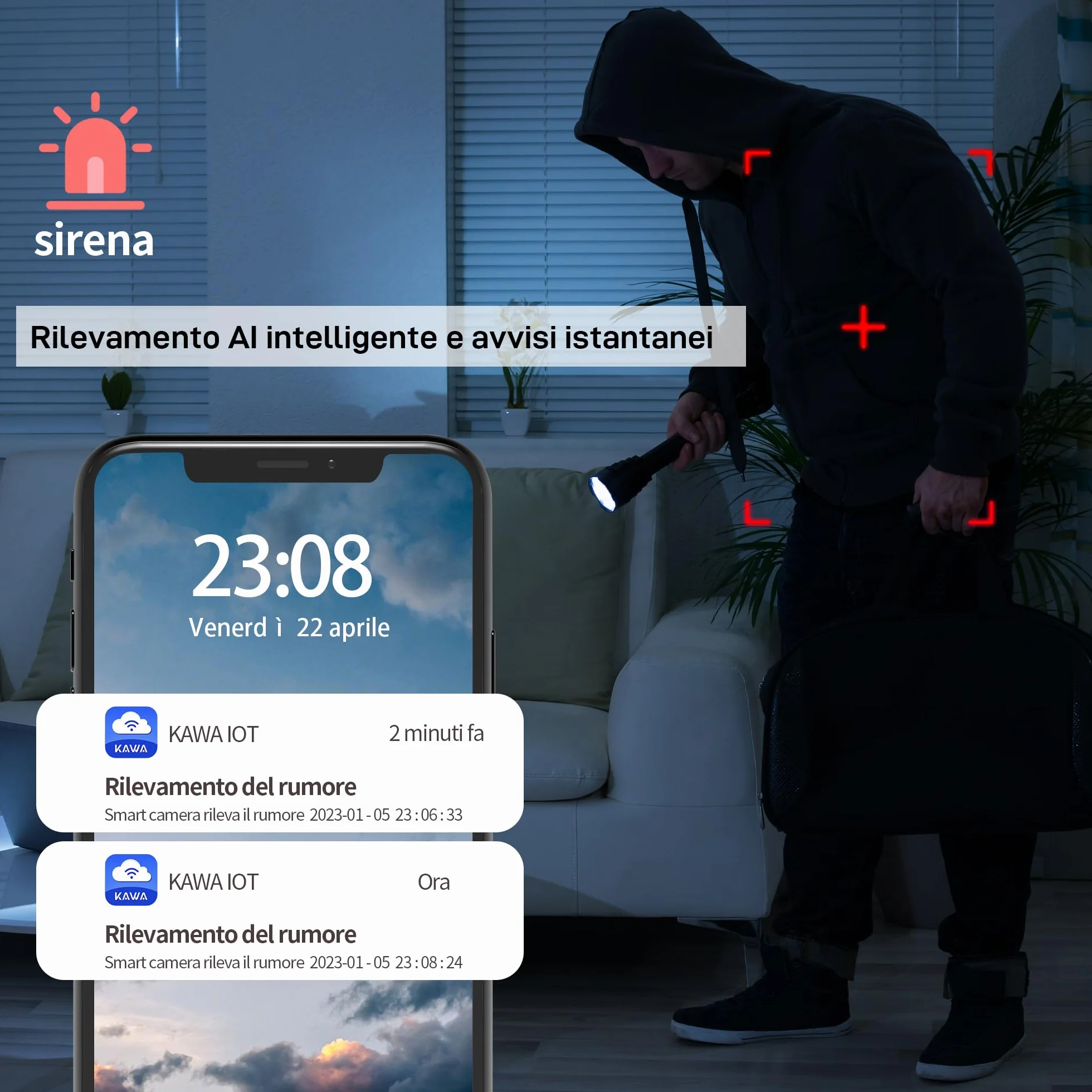 KAWA babyphone 2K WiFi 360°. Kamera IP do domu/zwierząt, audio 2-drogowe, nocniki, wykrywanie ruchu, chmura/karta TF, Alexa.
