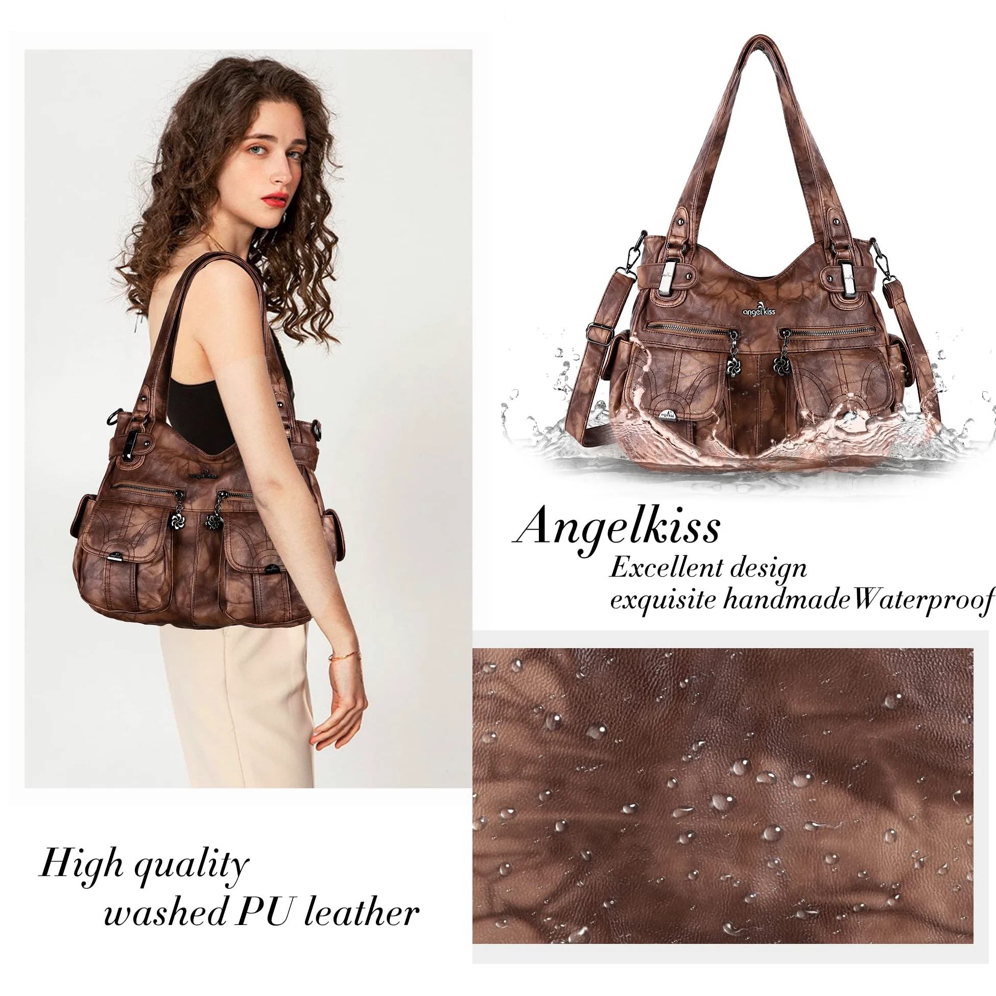 Purses and Handbags Women Tote Shoulder Top Handle Satchel Hobo Bags Fashion Washed Leather Purse (5739-1#7028# 7 BROWN)
