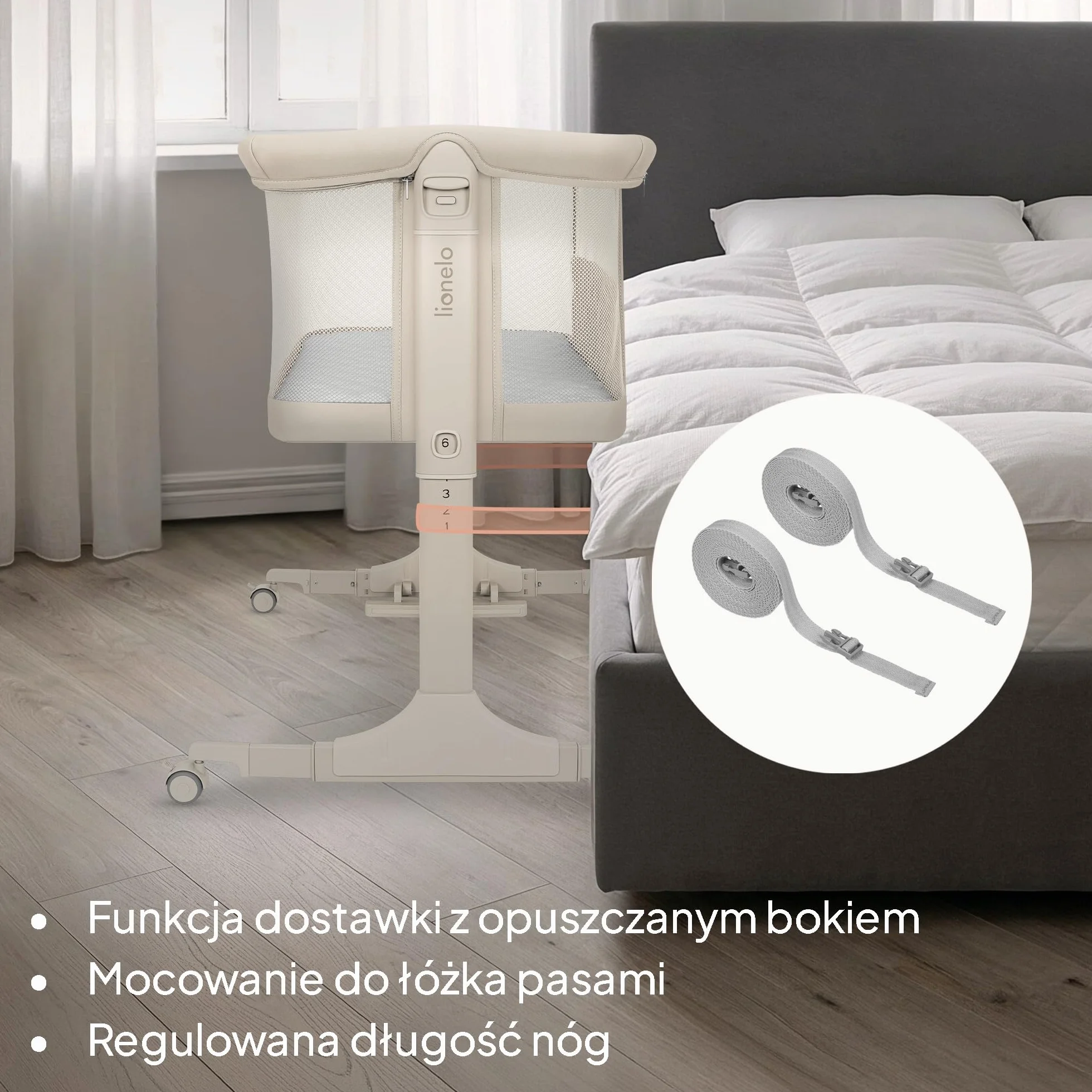 lionelo PARI łóżeczko nocne, łóżeczko dziecięce, 3 w 1, regulowane łóżeczko nocne, 6 poziomów, kołysanie, pochylany materac, siatka, zamykane kółka, torba podróżna