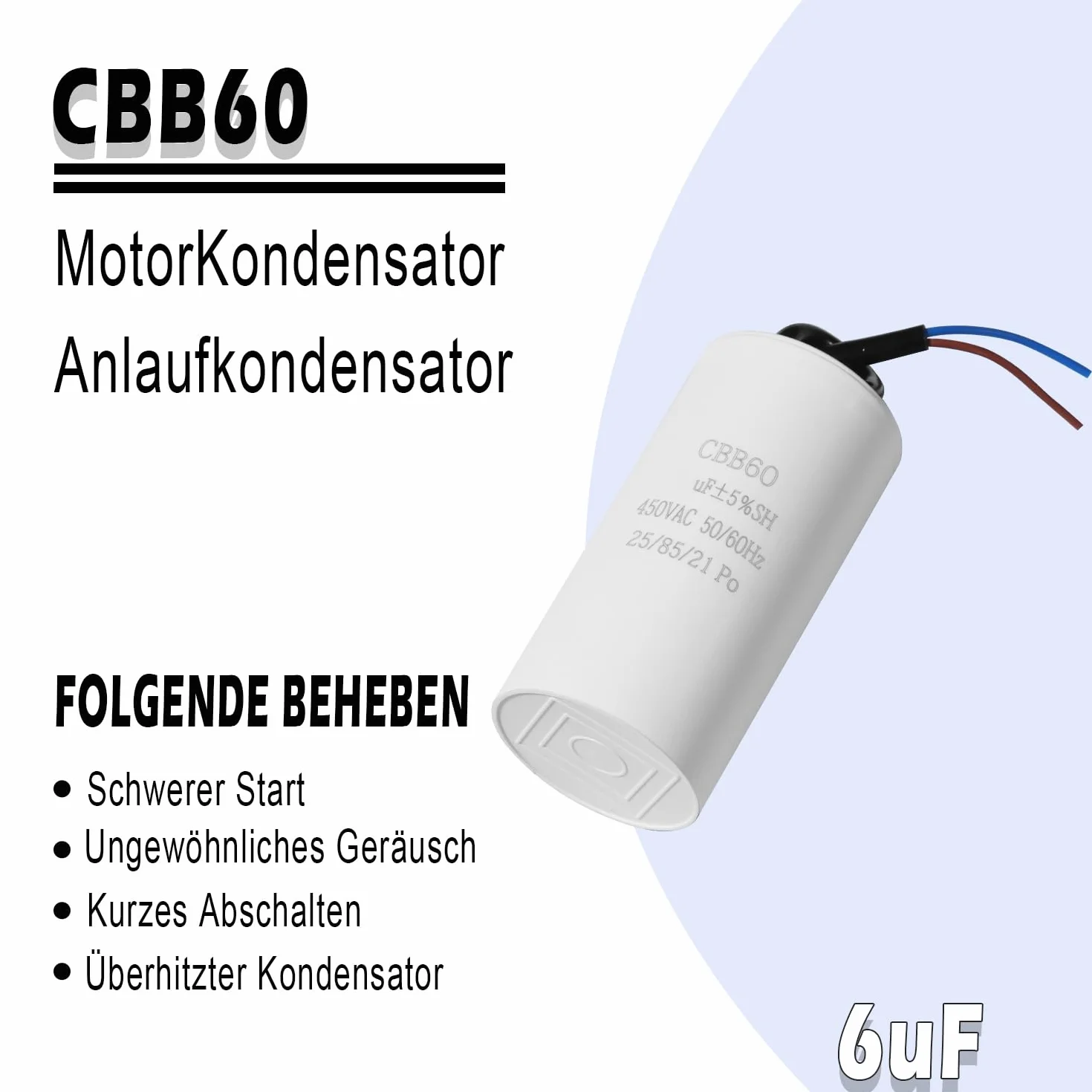 Iruihoo CBB60 450V 6uf 50/60Hz kondensator rozruchowy, kondensator pracy silnika, kondensator przeciwzakłóceniowy rozruchowy silnika, kondensator mikrofaradowy z przewodem