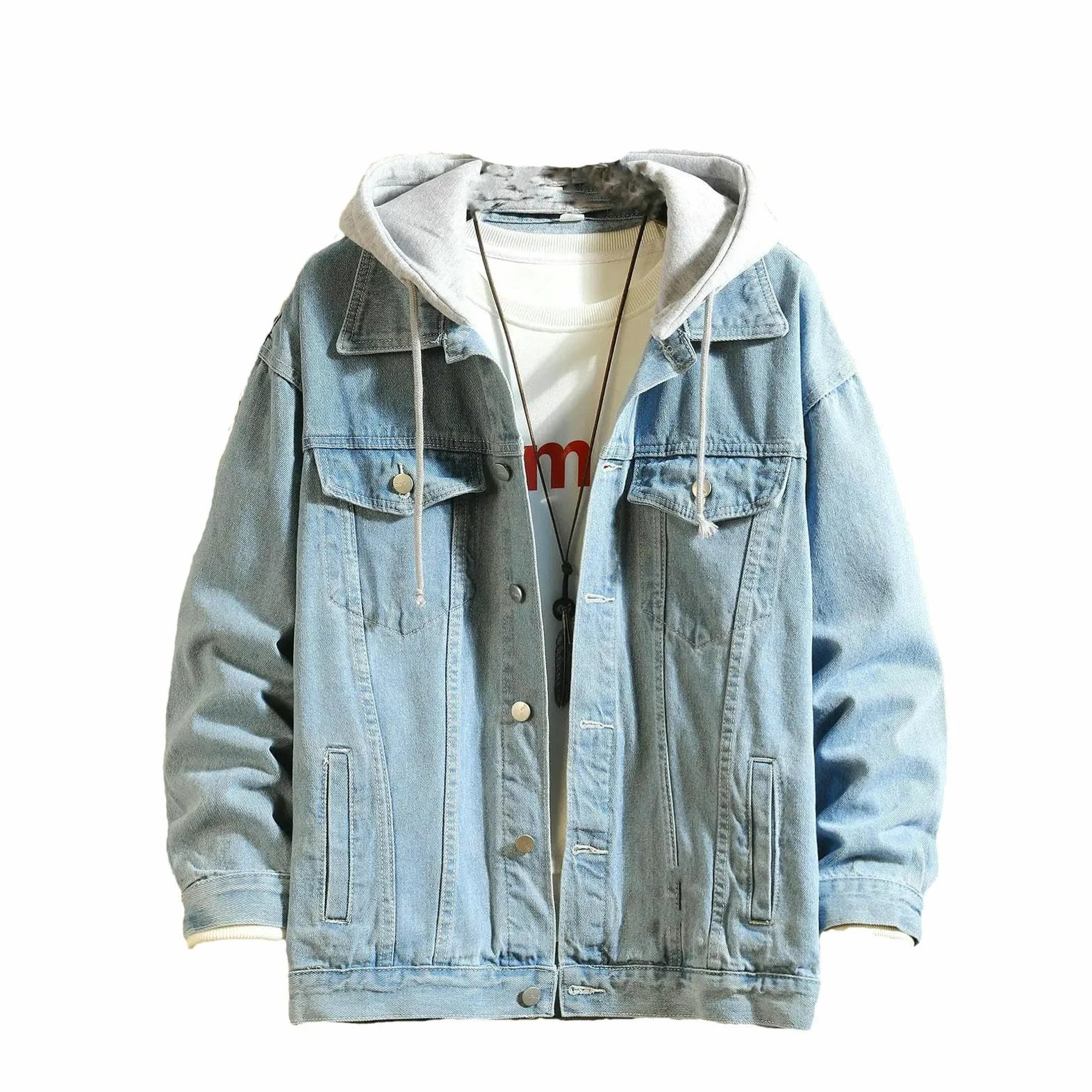 Kurtka dżinsowa męska z kapturem na co dzień męskie kurtki dżinsowe moda uliczna jednolity kolor wywijany kołnierz denim płaszcze kapelusz odpinany