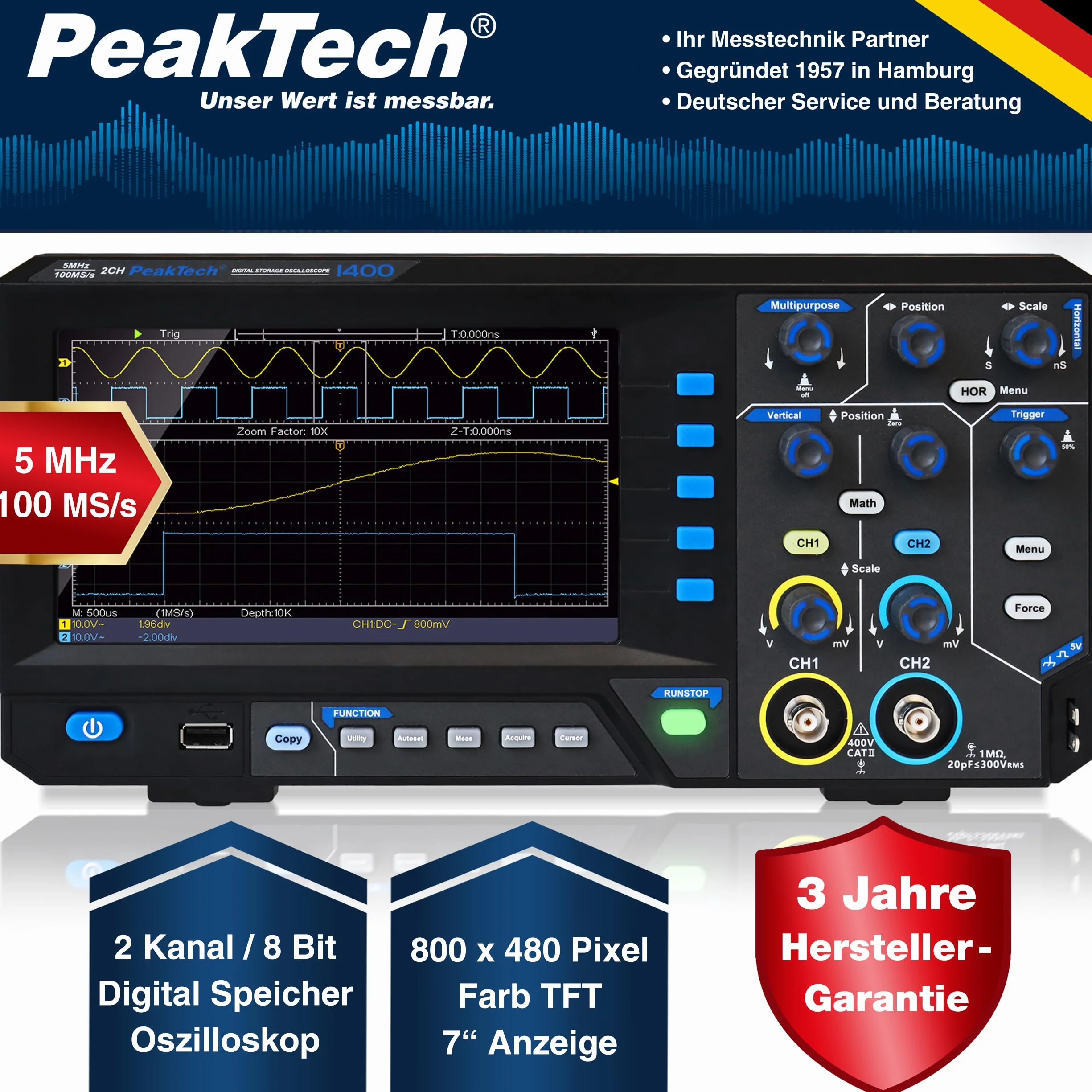 PeakTech 1400 - Kompaktowy oscyloskop cyfrowy, 2-kanałowy, Oscyloskop, szerokość pasma 5 MHz, szybka częstotliwość próbkowania 100 MS/s, złącze USB, w zestawie oprogramowanie PC, wyświetlanie XY i