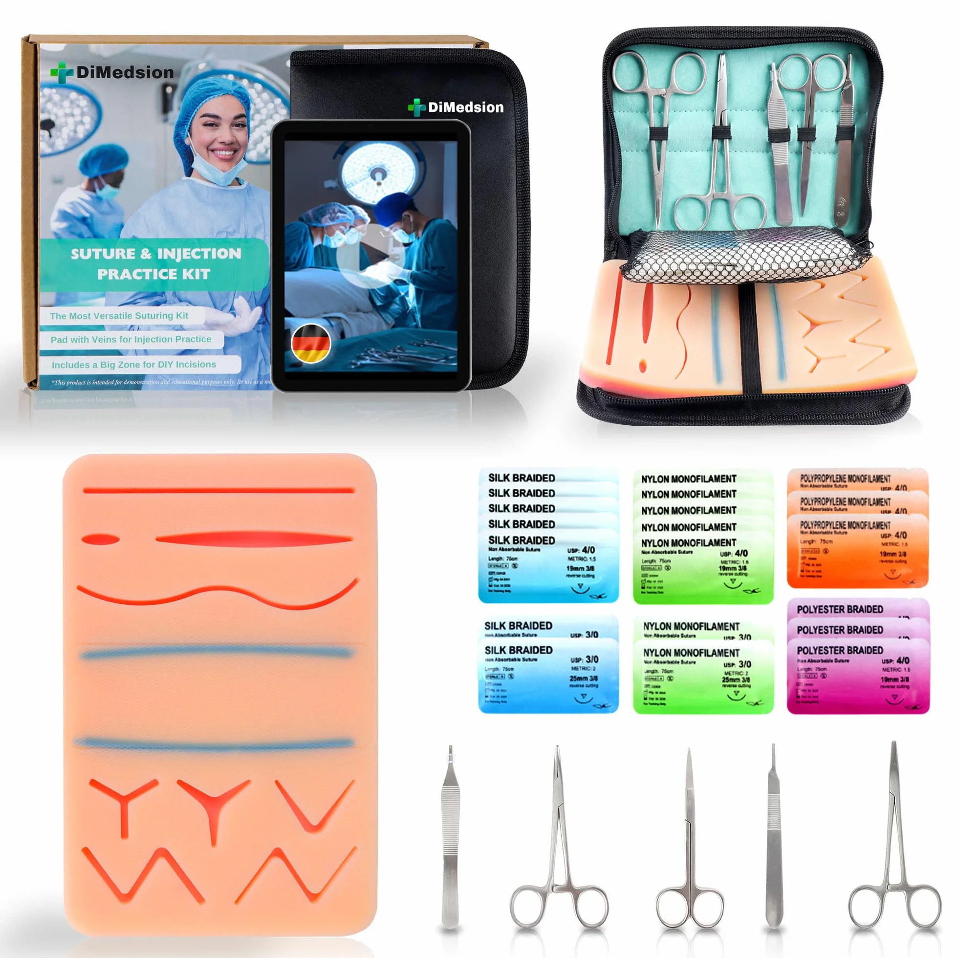 Zestaw do Ćwiczenia Szycia Chirurgicznego z Żyłami i Strefą Cięcia | Suture Practice Kit do Nauki Technik Szycia, Zestaw Medyczny, Narzędzia Chirurgiczne, Zestaw do Ćwiczeń Medycznych