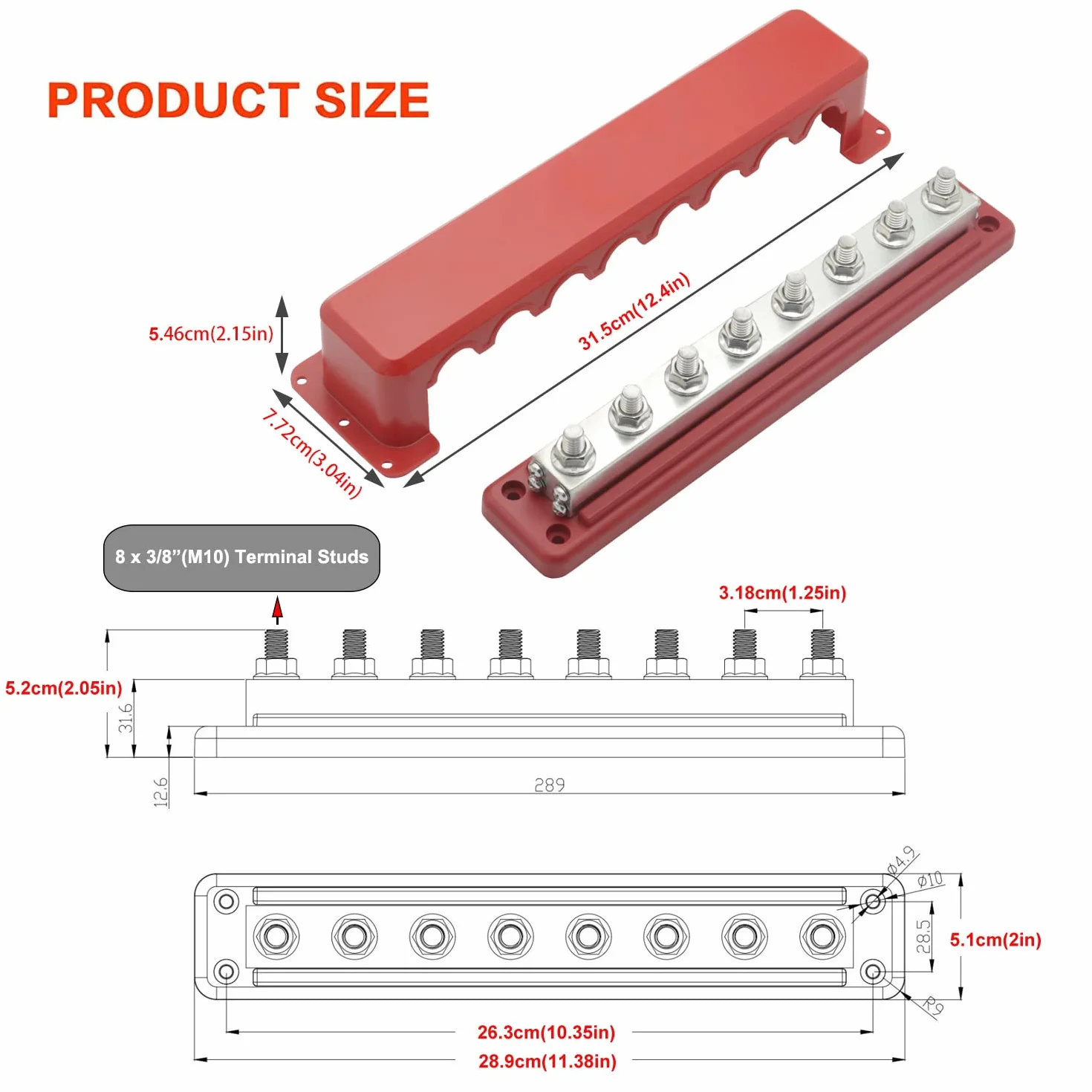 Szyna zbiorcza miedziana 600 A 12 V-48 V DC 300 V AC M10 blok rozdzielający