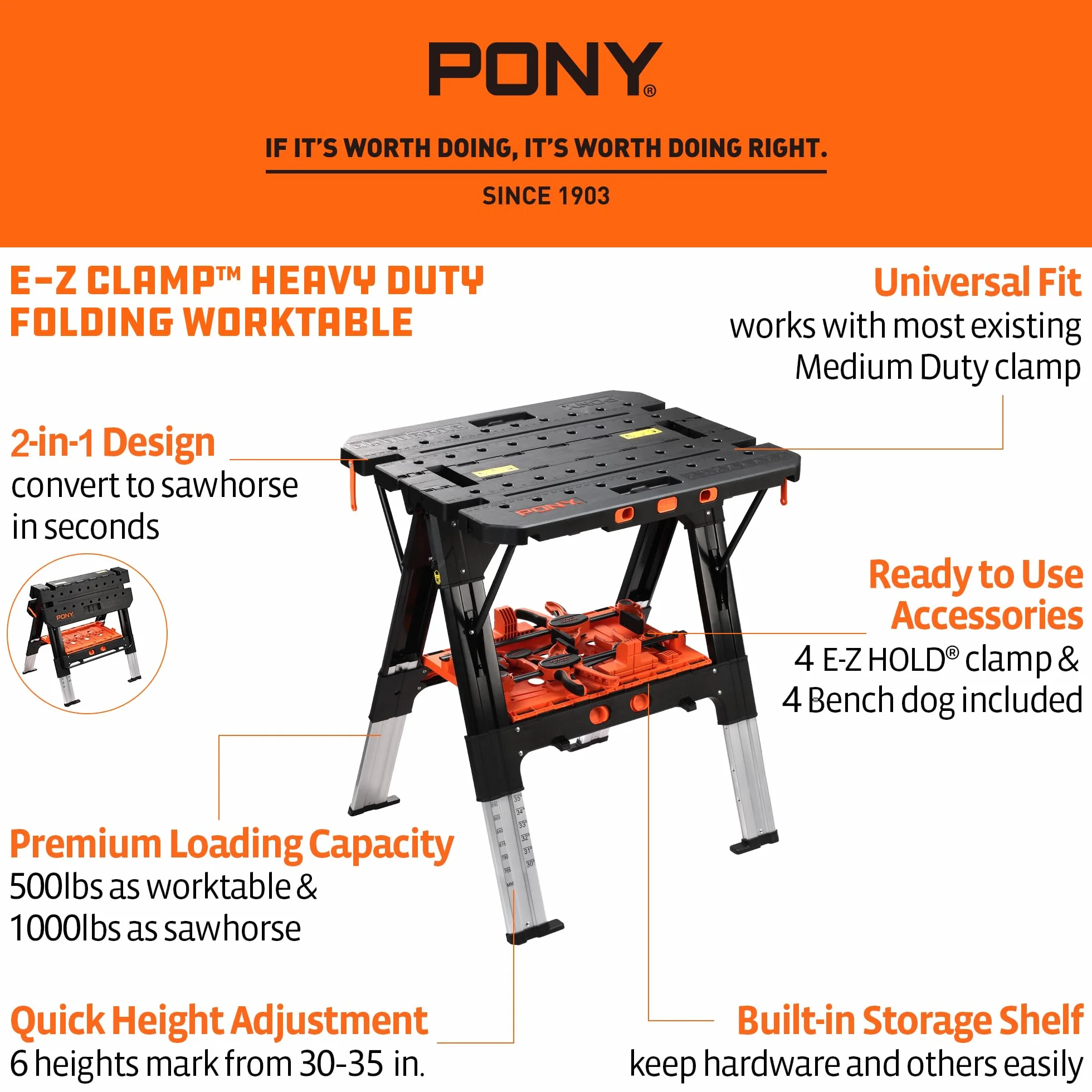 PONY Stół roboczy 2 w 1 z 2 zaciskami spustowymi
