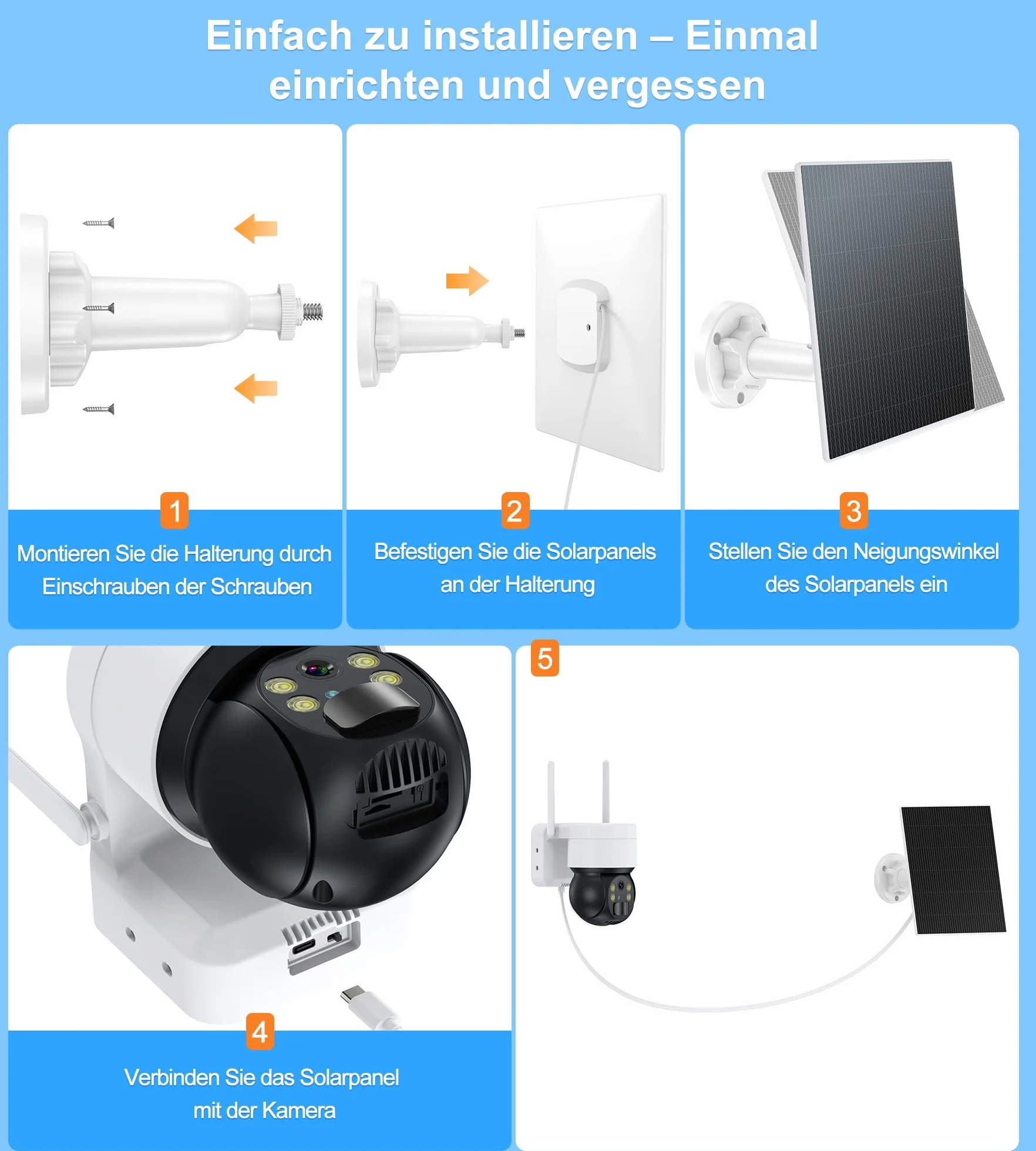 Panel słoneczny 6 W do kamery monitorującej z akumulatorem, do zewnątrz, moduł solarny 5 V USB-C, kamery zasilane bateriami, regulowany uchwyt 360°, wodoszczelność IP65