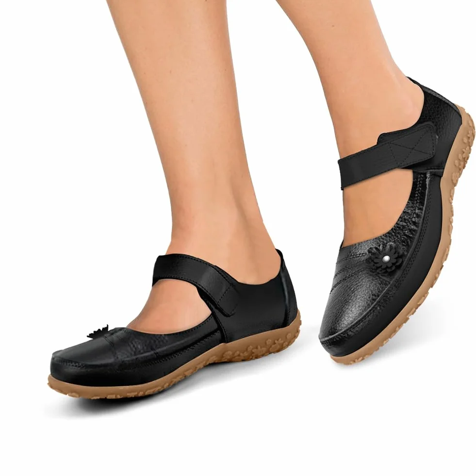 OFFCUP Damskie skórzane buty Mary Jane, damskie płaskie buty o szerokim kroju, kwiecista podeszwa z rzepem do chodzenia na co dzień sandały buty, buty pielęgniarskie do pracy biura, rozmiar 36/6,5/7