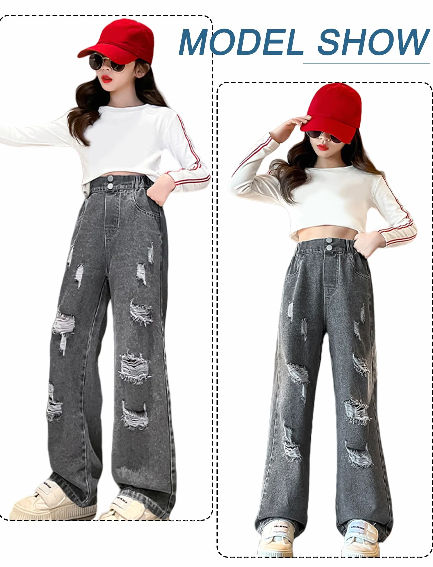 FEOYA Dziewczęce spodnie dżinsowe dla dzieci, spodnie dżinsowe, szerokie nogawki, streetwear z kieszeniami, dla nastolatków, vintage, Y2k, Baggy, jeansy Wide Leg 120-170