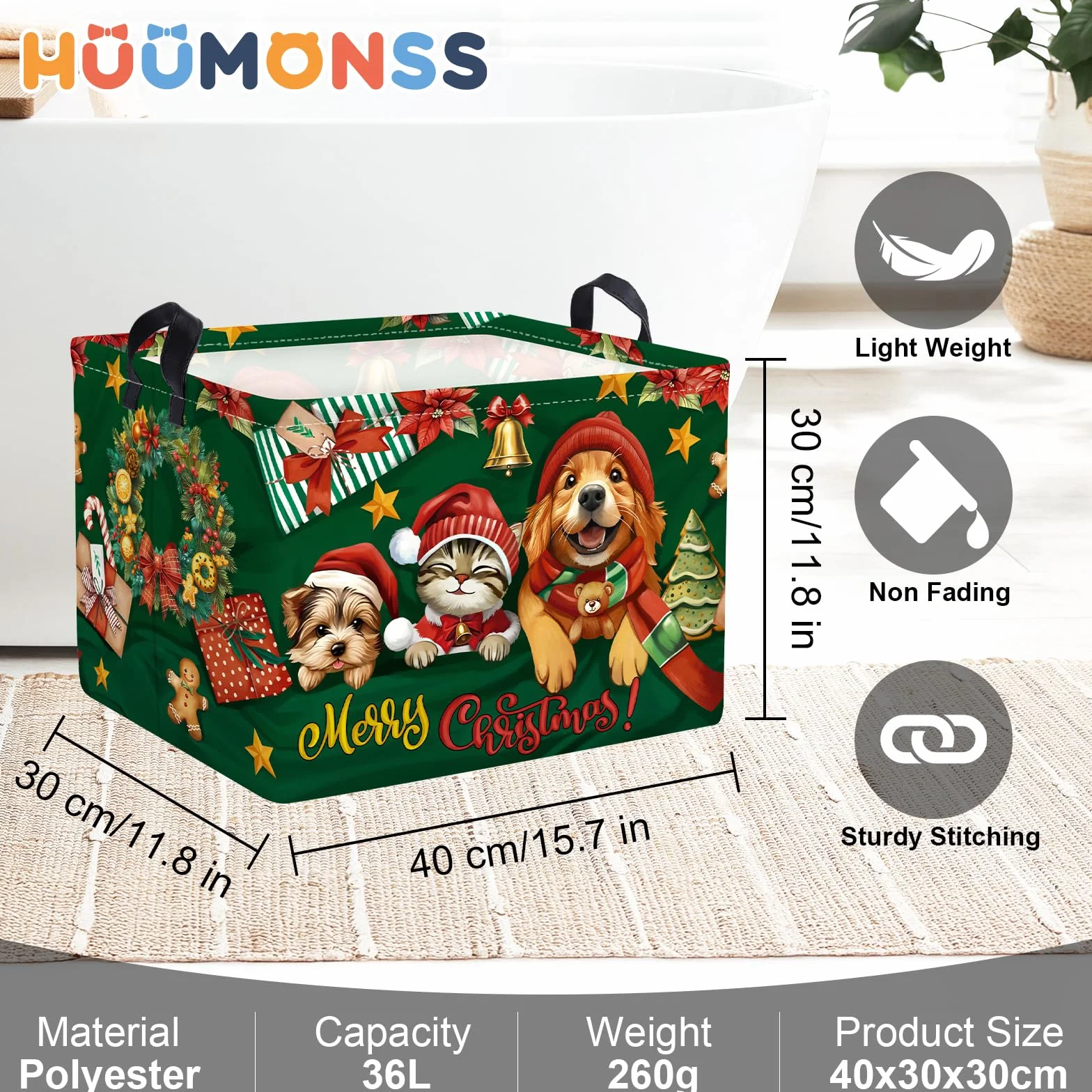 Pies Wesołych Świąt Kosz Choinka Dzwonki Półka Pudełko Do Przechowywania Zabawek Składany Koszyk Dla Dziecka Przedszkole, Zielony, 36L