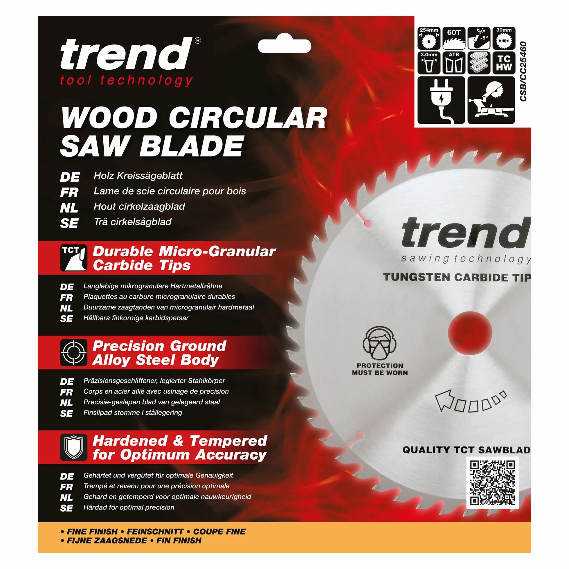 Trend Wood brzeszczot do piły ukośnej, średnica 254 mm, otwór 30 mm, 60 zębów, szczelina cięcia 3 mm, hak -5°, TCT, cienka powierzchnia, CSB/CC25460