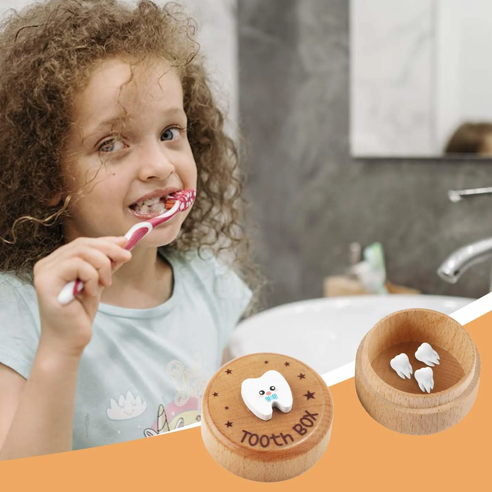 Drewniane Pudelko na Zeby, Tooth Box Sliczne 3D Bialy Zab Obraz Animowany Pojemnik Zeby Etui Nadrukiem Gwiazdki Przechowywania Upadlych Zebów dla Chlopca Dziewczyna Pamiatka Zebów