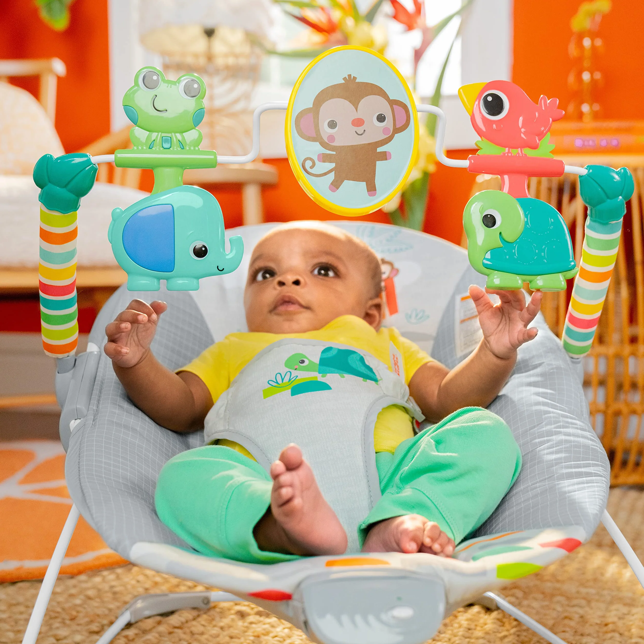Bright Starts, Playful Paradise leżak z kojącymi wibracjami i interaktywnymi zabawkami, unisex, 0-6 miesięcy