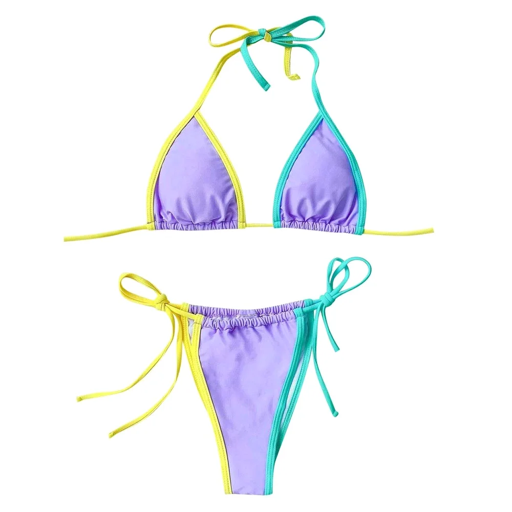 Patchworkowe stringi mikro bikini damskie seksowne bandażowe bikini zestaw push up usztywniane stroje kąpielowe strój kąpielowy z wysokim stanem (kolor: czarny, rozmiar: mały) (fioletowy M)