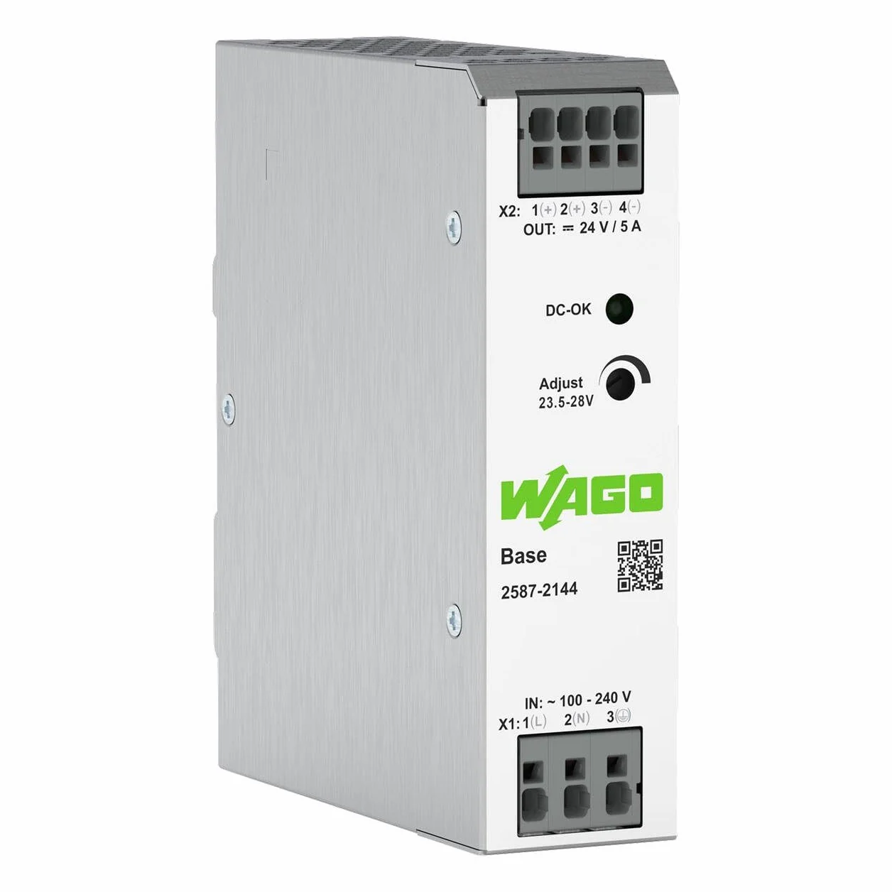 WAGO 2587-2144 – przełączany tryb zasilania, 1-fazowy, 24 VDC, 5 A, DIN Rail Mount, DC-OK LED