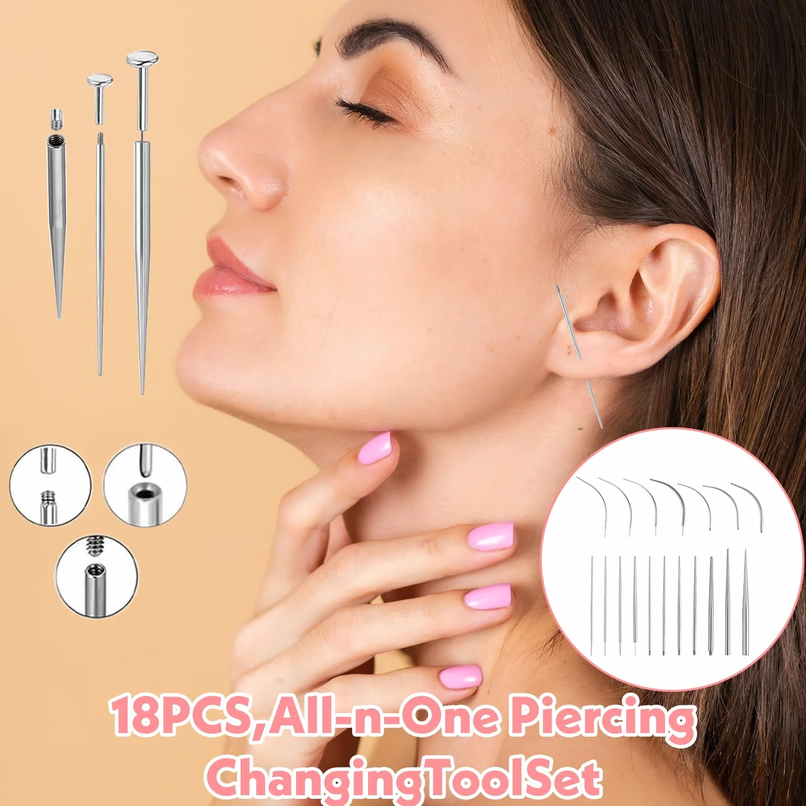 Zestaw 18 sztuk igieł do piercingu, zestaw do przekłuwania uszu, stal chirurgiczna, stal nierdzewna, do wsuwania tragus, helix, wargi, nosa, chrząstki