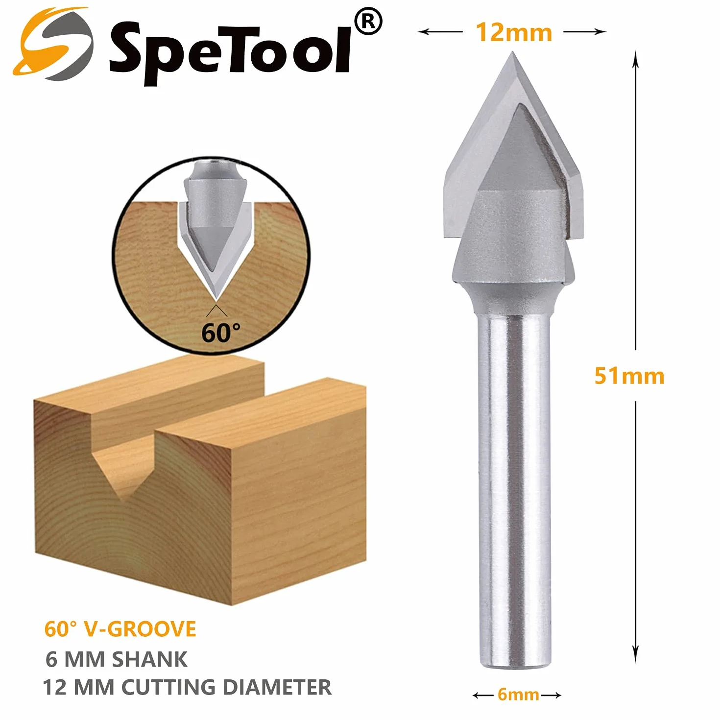 SpeTool Frez do fazowania frezy frez trzpieniowy 60 stopni V frez do rowków 12 mm średnica cięcia 6 mm trzpień CNC frez trzpieniowy do żył, fazowania i rowkowania V