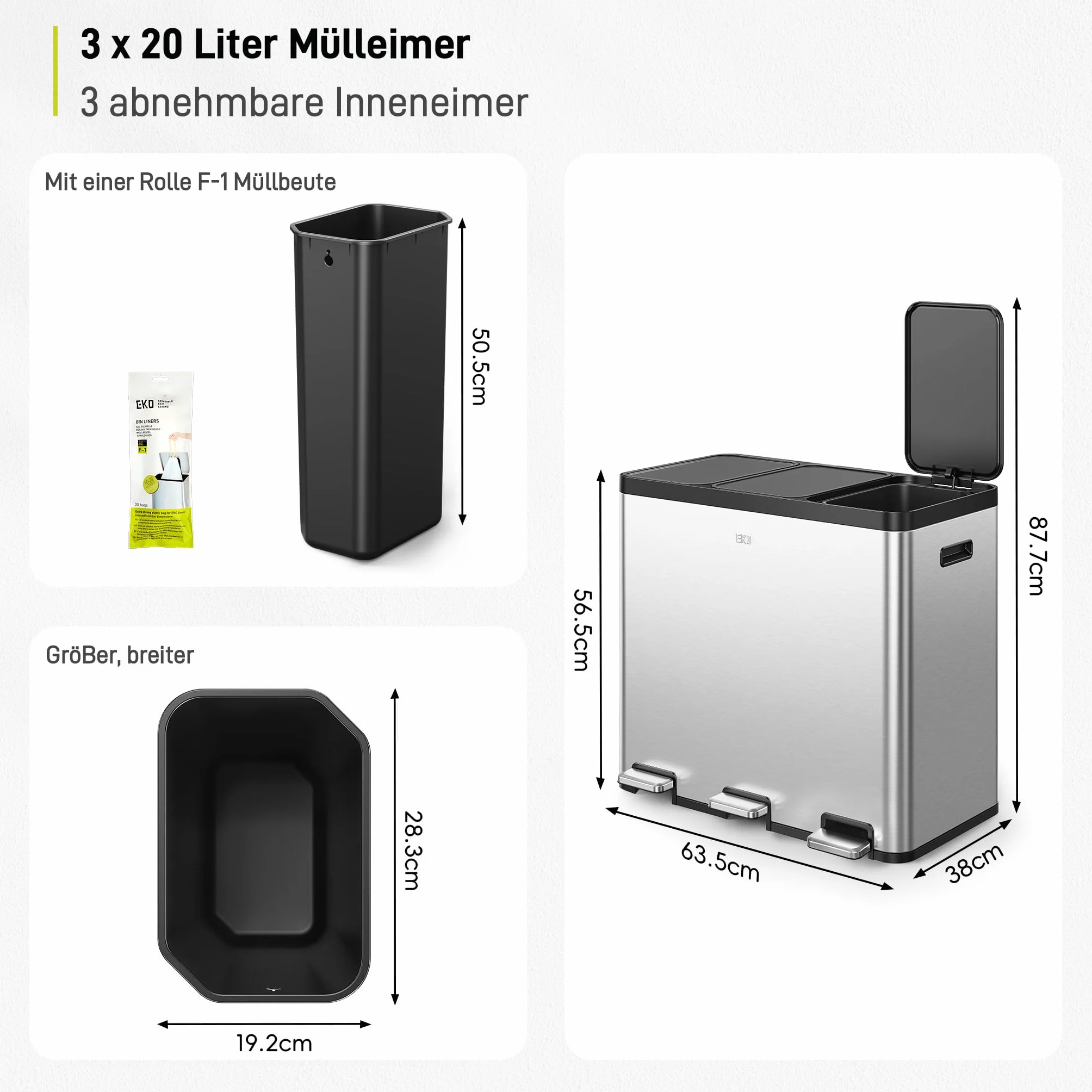 EKO Essential kosz na śmieci z 3 przegródkami, 3 x 20 l, system segregacji śmieci, w zestawie 20 worków na śmieci, duży kosz na śmieci z pokrywką, delikatne zamykanie i hermetyczny, szczotkowana stal