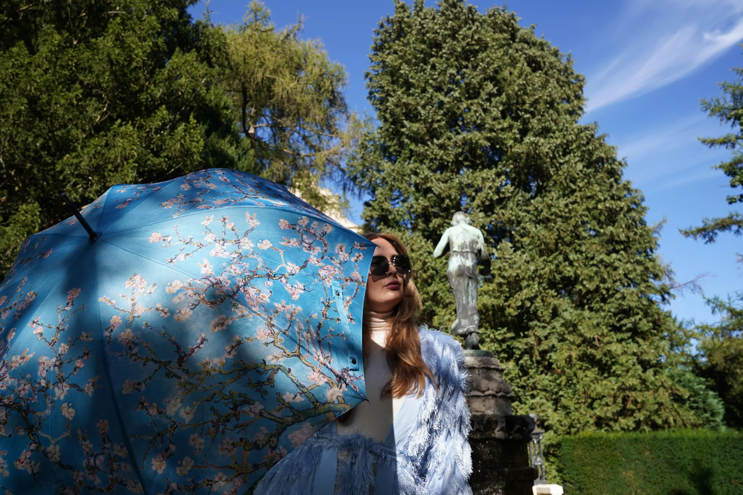 VON LILIENFELD Parasol Vincent van Gogh kwiat migdałów automatyczne rozkładanie i rozkładanie damski parasol stojący, turkusowy