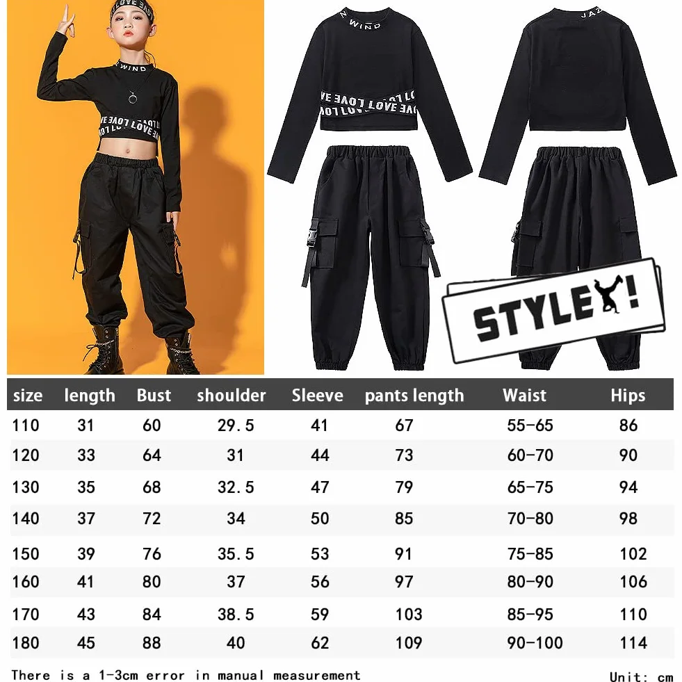 Dziewczęcy dres treningowy hip hop, 2-częściowy strój dla dzieci, strój do tańca ulicznego, top + spodnie cargo, t-shirt, spodnie do biegania, odzież do tańca, na wiosnę i lato