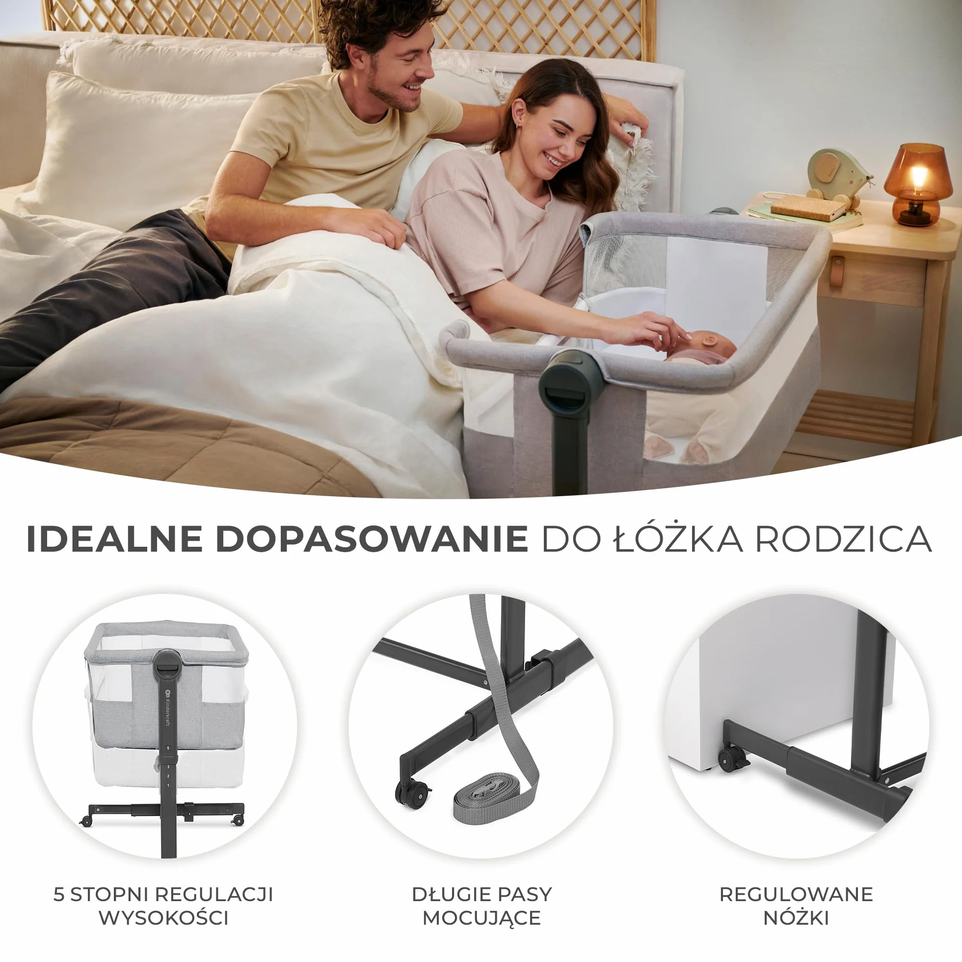 Kinderkraft NESTE UP2 Łóżeczko dostawne, Łóżko turystyczne dziecięce, Regulacja wysokości i kątu nachylenia, Materac i prześcieradło, Solidna konstrukcja, Opuszczana ściana boczna, do 9 kg, Beżowy