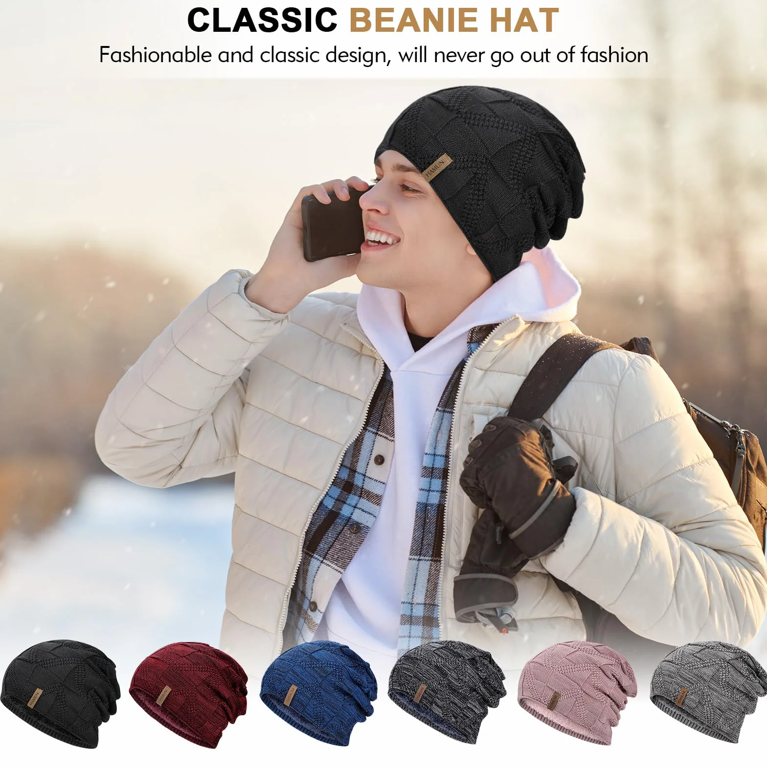 HAMUNI Czapka damska, przewiewna dzianinowa czapka męska, czapka typu beanie z miękką podszewką polarową, unisex, czapka zimowa, klasyczna, na jesień, zimę i wiosnę