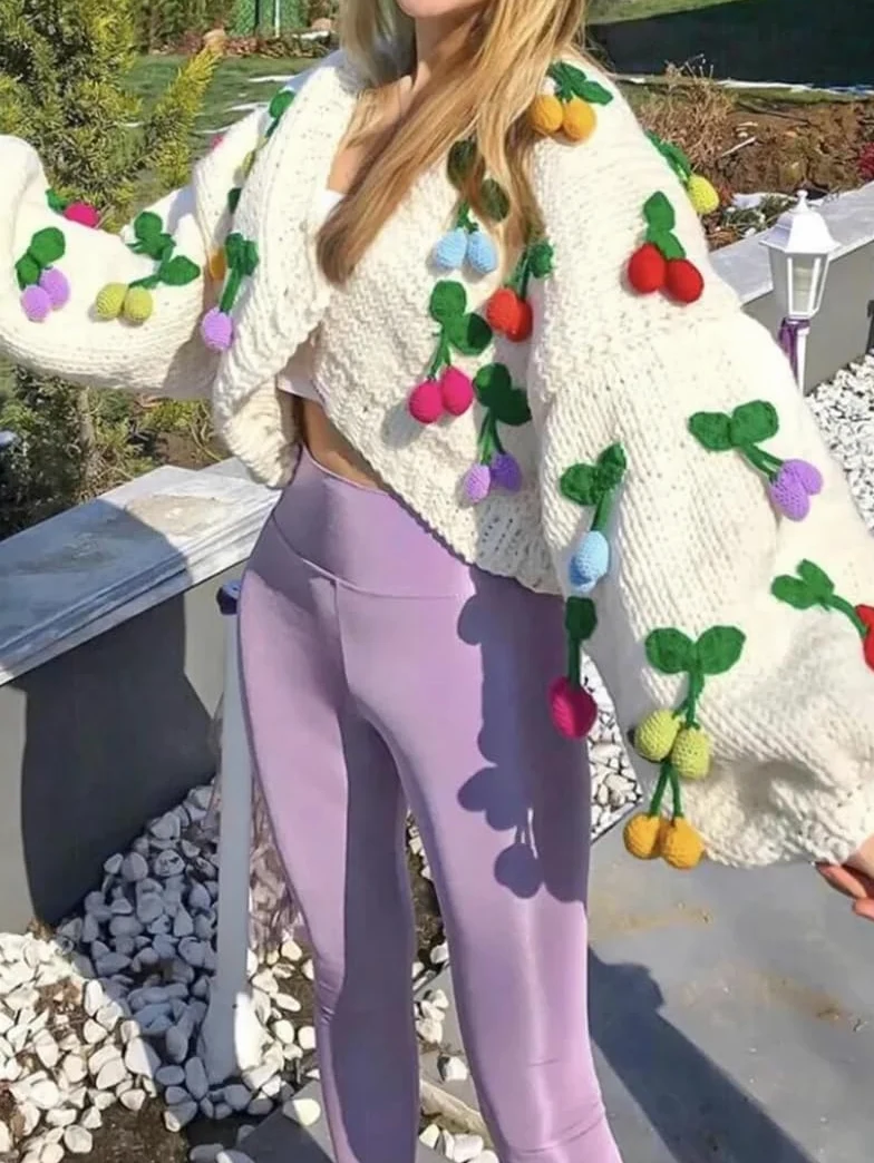 Damski sweter z dekoltem w serek, z długim rękawem, dziergany sweter retro, ręcznie robiony sweter szydełkowy vintage