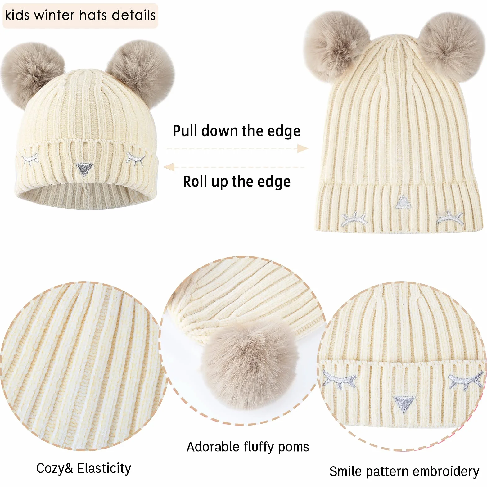 Bequemer Laden Dla chłopców i dziewczynek, zimowa ciepła czapka beanie, szalik, komin i ekran dotykowy, zestaw rękawiczek z podszewką polarową, dla dzieci w wieku 3-10 lat, biały, jeden rozmiar