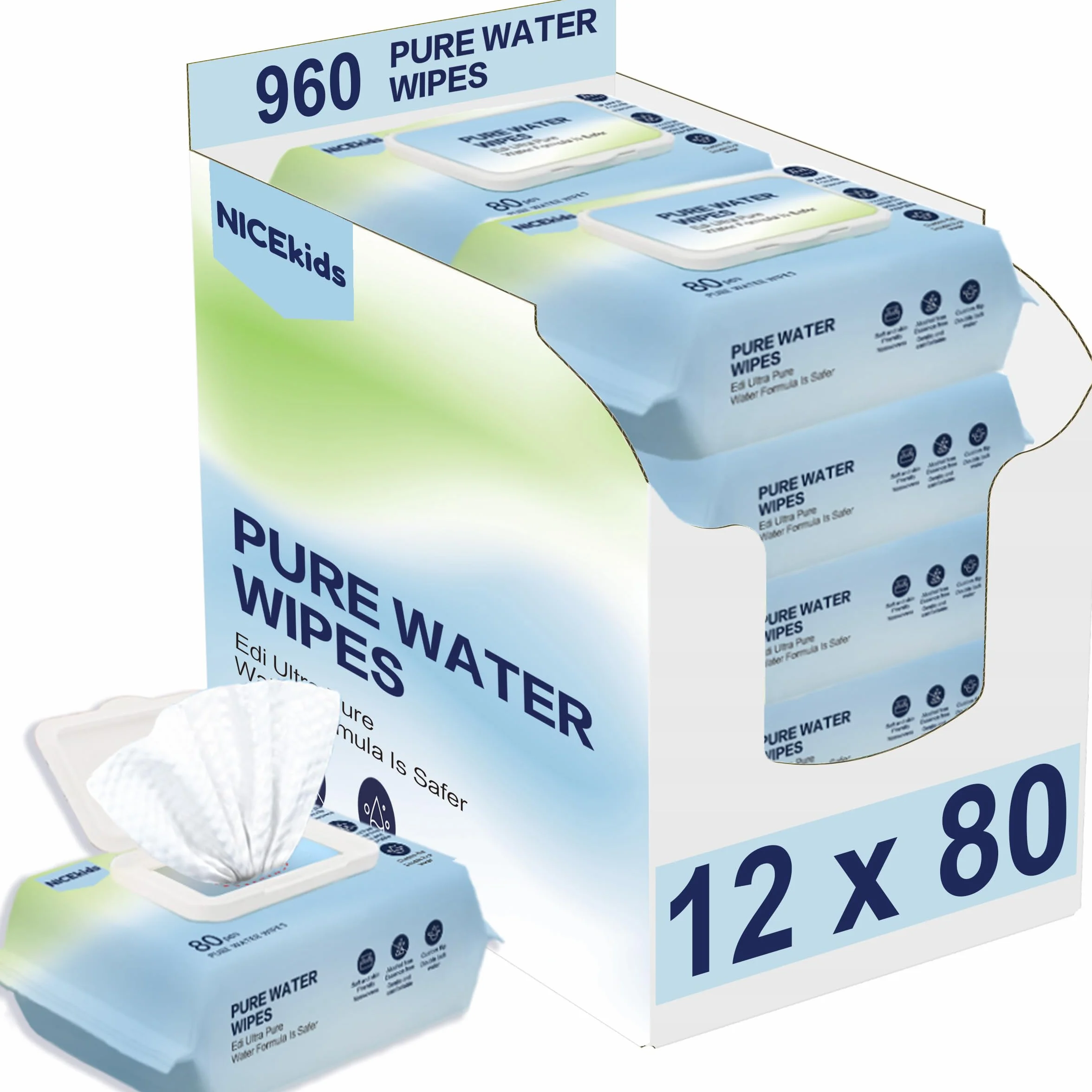 NICEkids Chusteczki Nawilżane Pure Water Wipes | Chusteczki Nawilżane dla Niemowląt, Delikatne Oczyszczanie dla Wrażliwej Skóry, Wielofunkcyjne Chusteczki do Czyszczenia 99,9% Woda (12x80 szt)