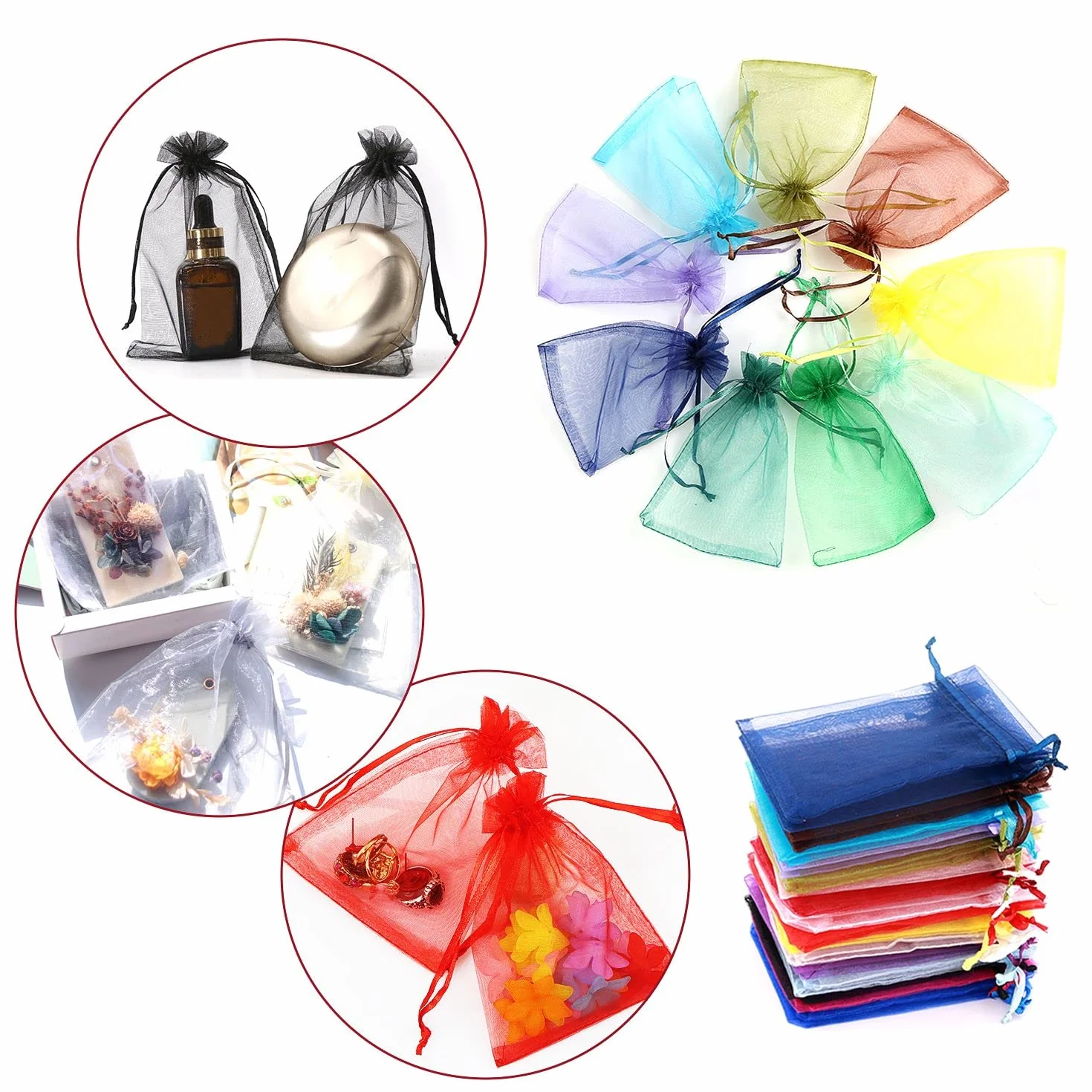 Torebki z organzy, 100 sztuk, kolorowe woreczki na cukierki, na ślub, urodziny, komunię, prezent, cukierki, biżuteria, ze sznurkiem (7 x 9 cm)