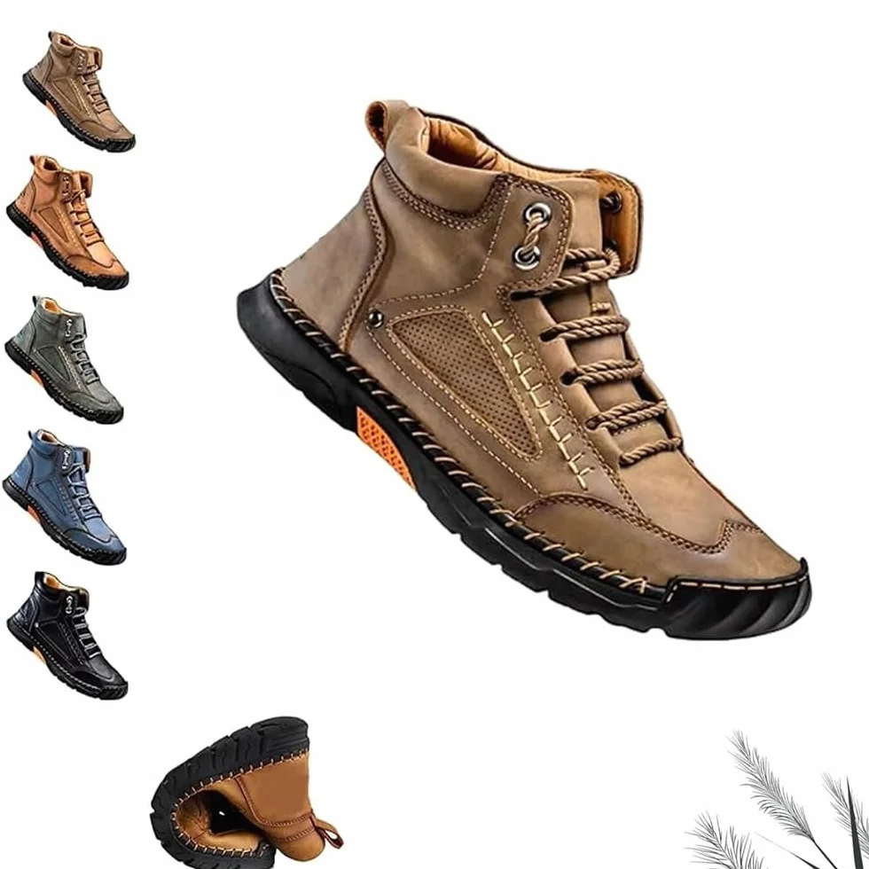 Sawbehind Men's Comfortable Handmade Leather Boots, Men's Casual Leather Handmade Non-Slip Arch Support Shoes(Khaki,45 EU)