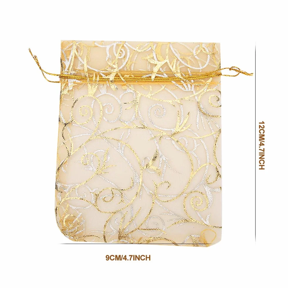 Woreczek na prezent, 100 szt., 9 x 12 cm, organza, woreczek ze sznurkiem, wielofunkcyjna torebka na biżuterię, torebka do przechowywania prezentów, złota, torebki na cukierki na ślub, prysznic,