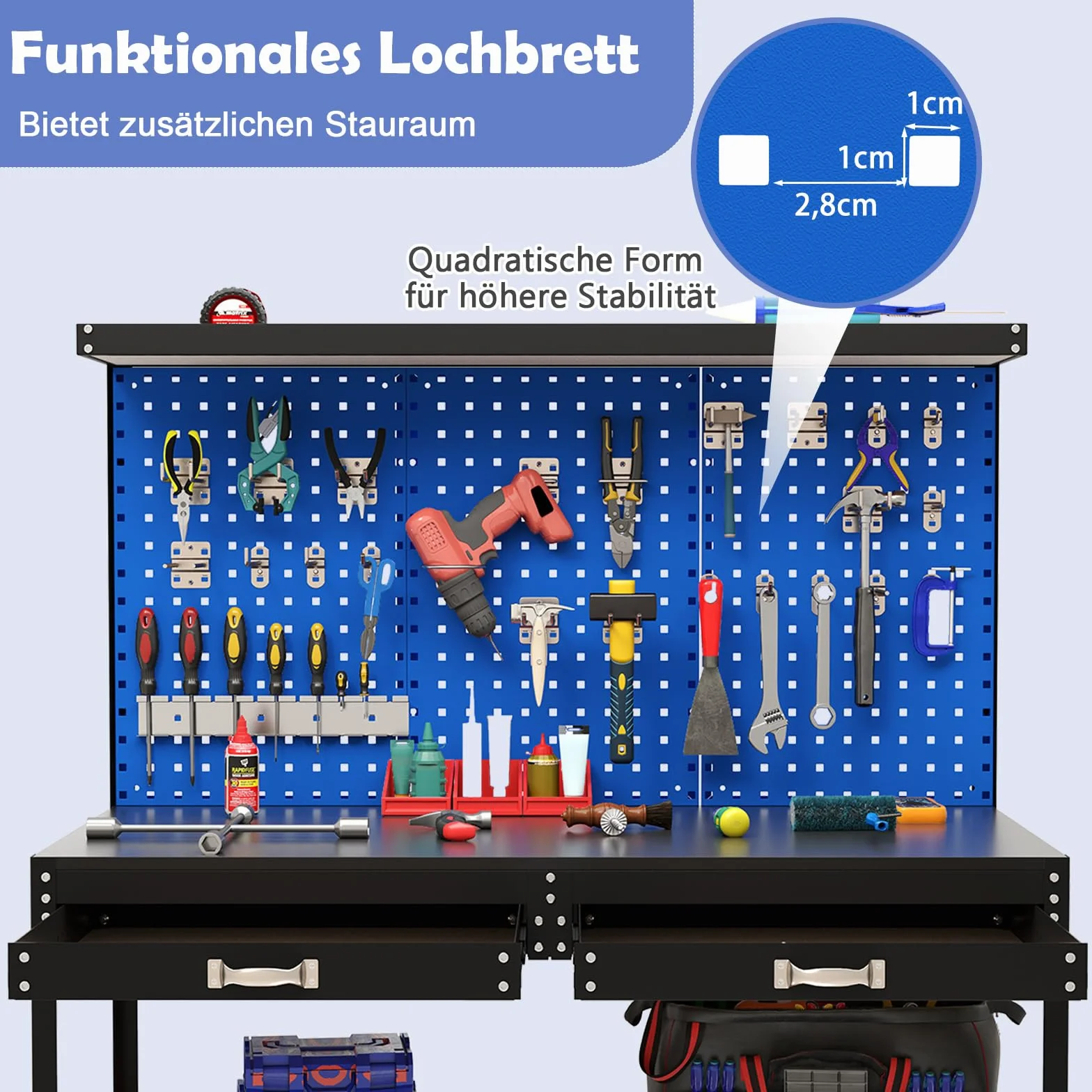 COSTWAY Stół warsztatowy 121 x 61 cm, nośność 230 kg, stół roboczy ze ścianą perforowaną, szufladami i regałami oraz 24 hakami wiszącymi, stół warsztatowy do domu, garażu, warsztatu (niebieski, 121 x