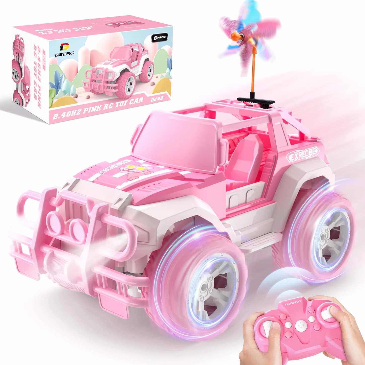DEERC zdalnie sterowany samochód różowy, auto RC w skali 1:18 SUV z LED-owymi reflektorami, 2,4 GHz, Monster Trucks Off-Road Crawler, prezenty dla dziewczynek od 6 lat